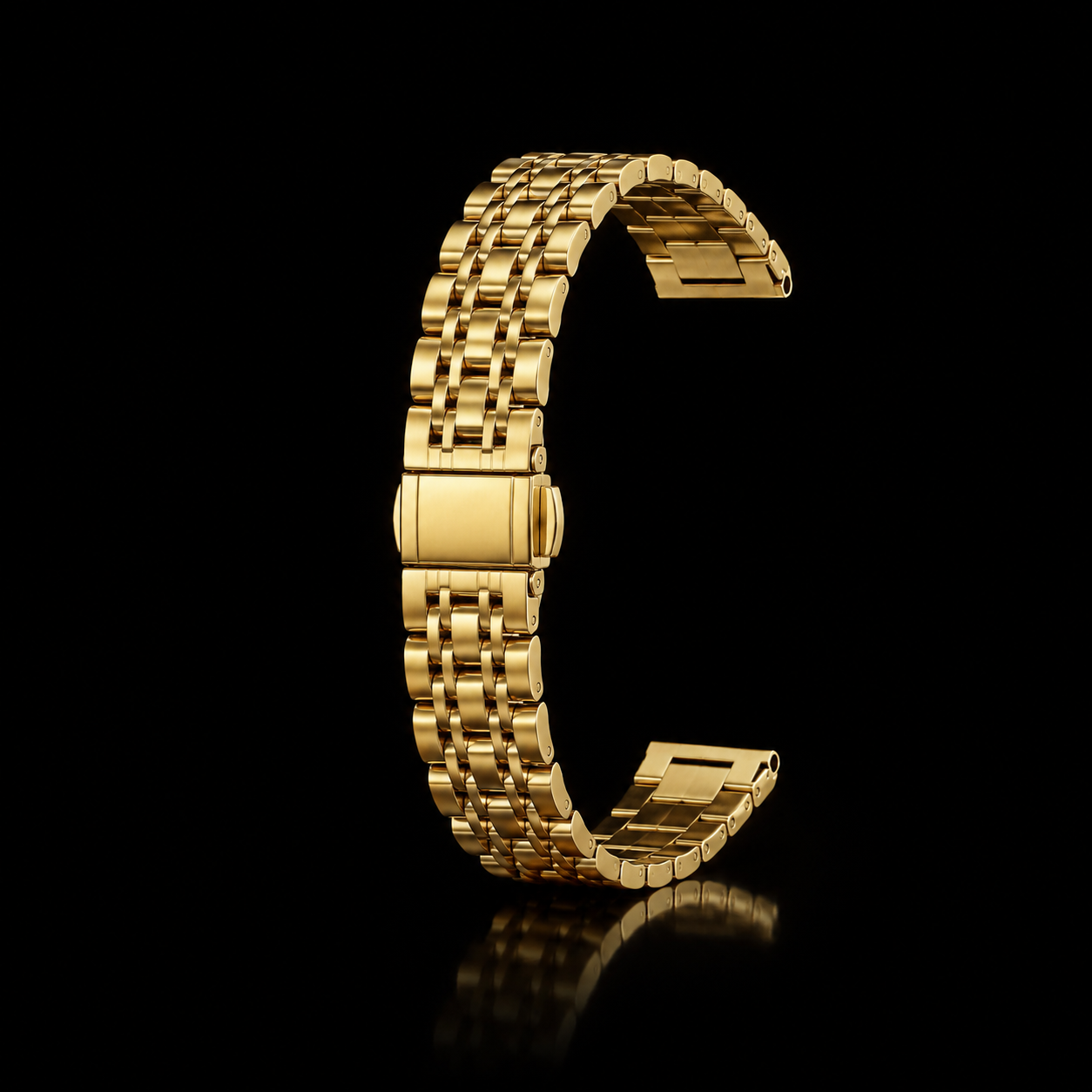 Gold Luxe Butterfly Link Watch Band curved upright with a closed clasp on a black reflective background