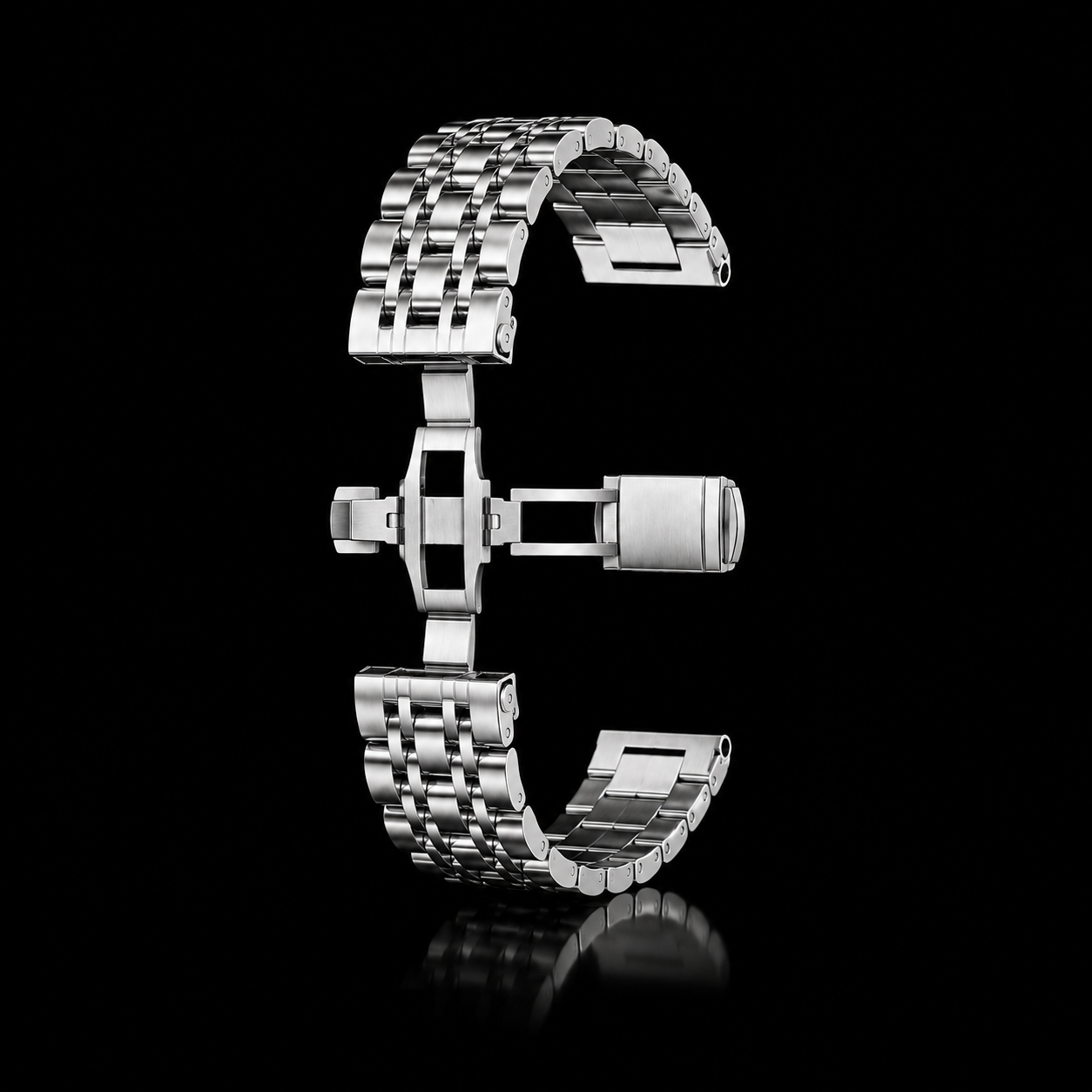 Silver Luxe Butterfly Link Watch Band with the butterfly clasp fully open on a black reflective background