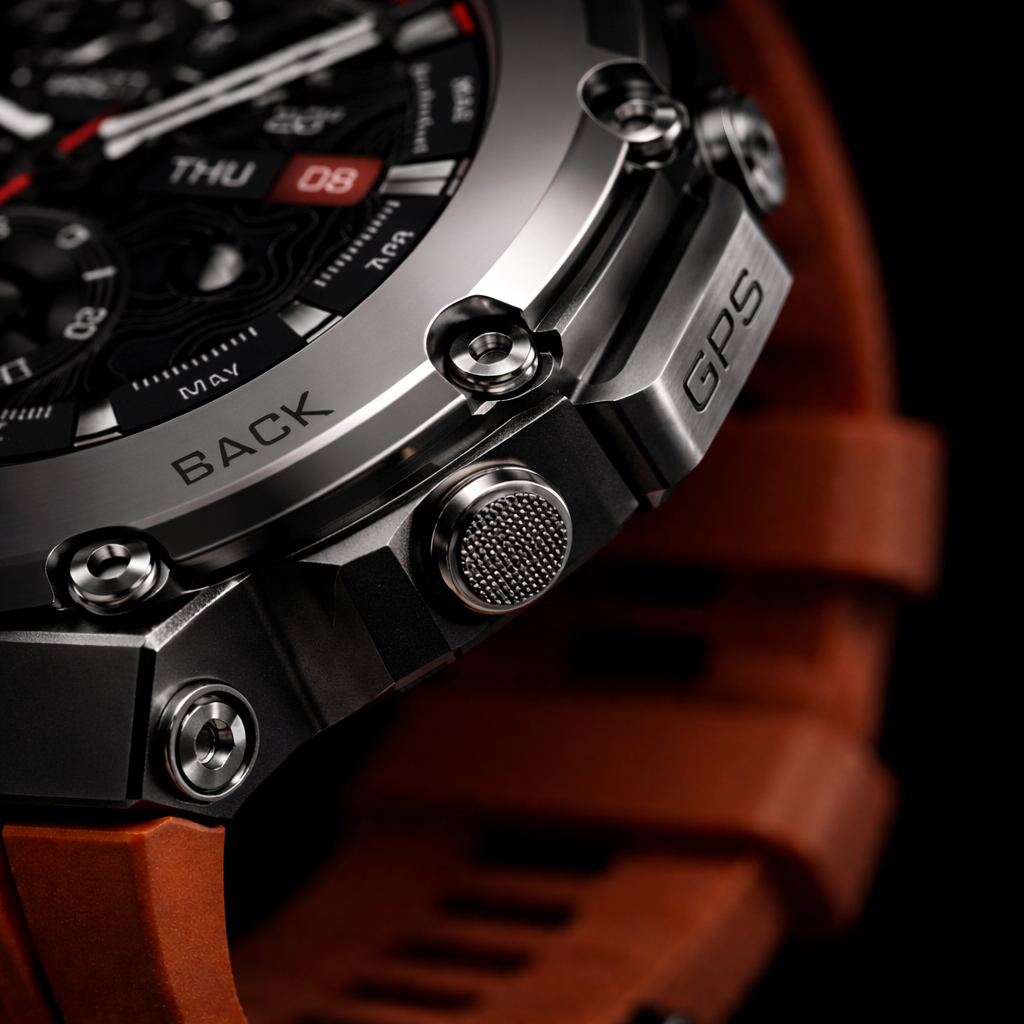 NOVACCHI CORVUS tactical smartwatch bezel macro showing CNC-machined gunmetal case, reinforcing hex screws, knurled texture, and burnt orange rubber strap