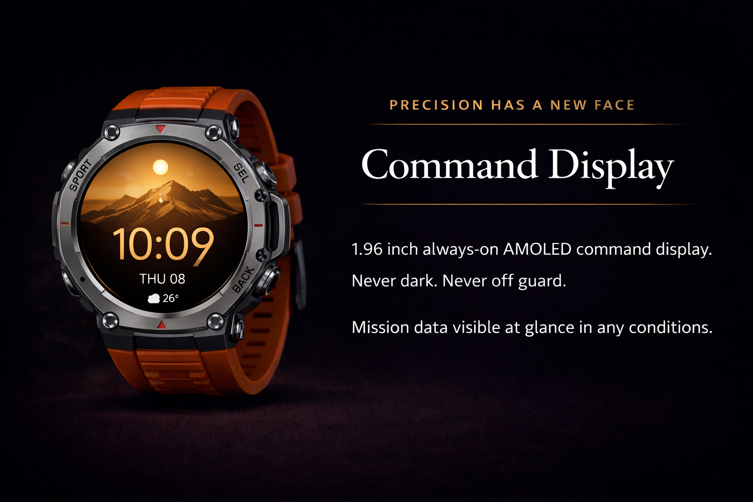 NOVACCHI CORVUS smartwatch 1.96 inch always-on AMOLED command display showing time, heart rate, and fitness data against a dark background.