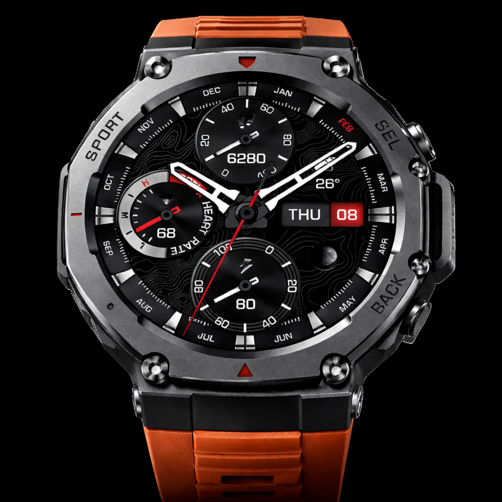 NOVACCHI CORVUS tactical smartwatch dial closeup showing chronograph AMOLED display with heart rate, step counter, GPS, and topographic dial design in gunmetal case with burnt orange strap