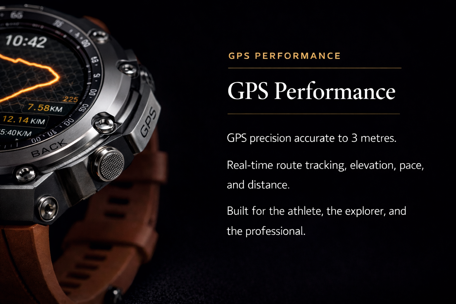 NOVACCHI CORVUS smartwatch GPS performance with 3 metre precision accuracy, real-time route tracking, elevation, pace, and distance.