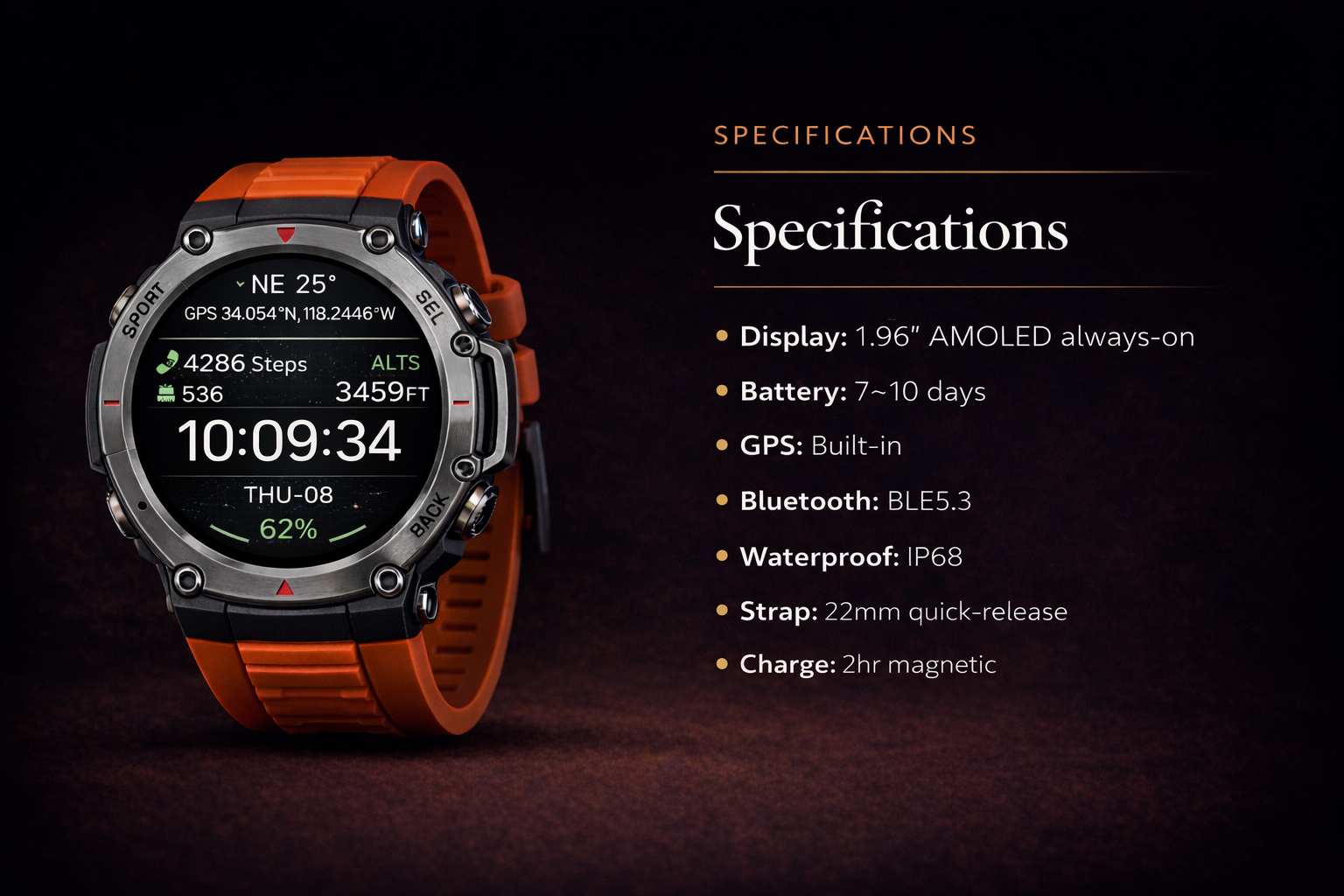 NOVACCHI CORVUS smartwatch specifications including 1.96 inch AMOLED display, built-in GPS, IP68 waterproofing, and 7 to 10 day battery life.