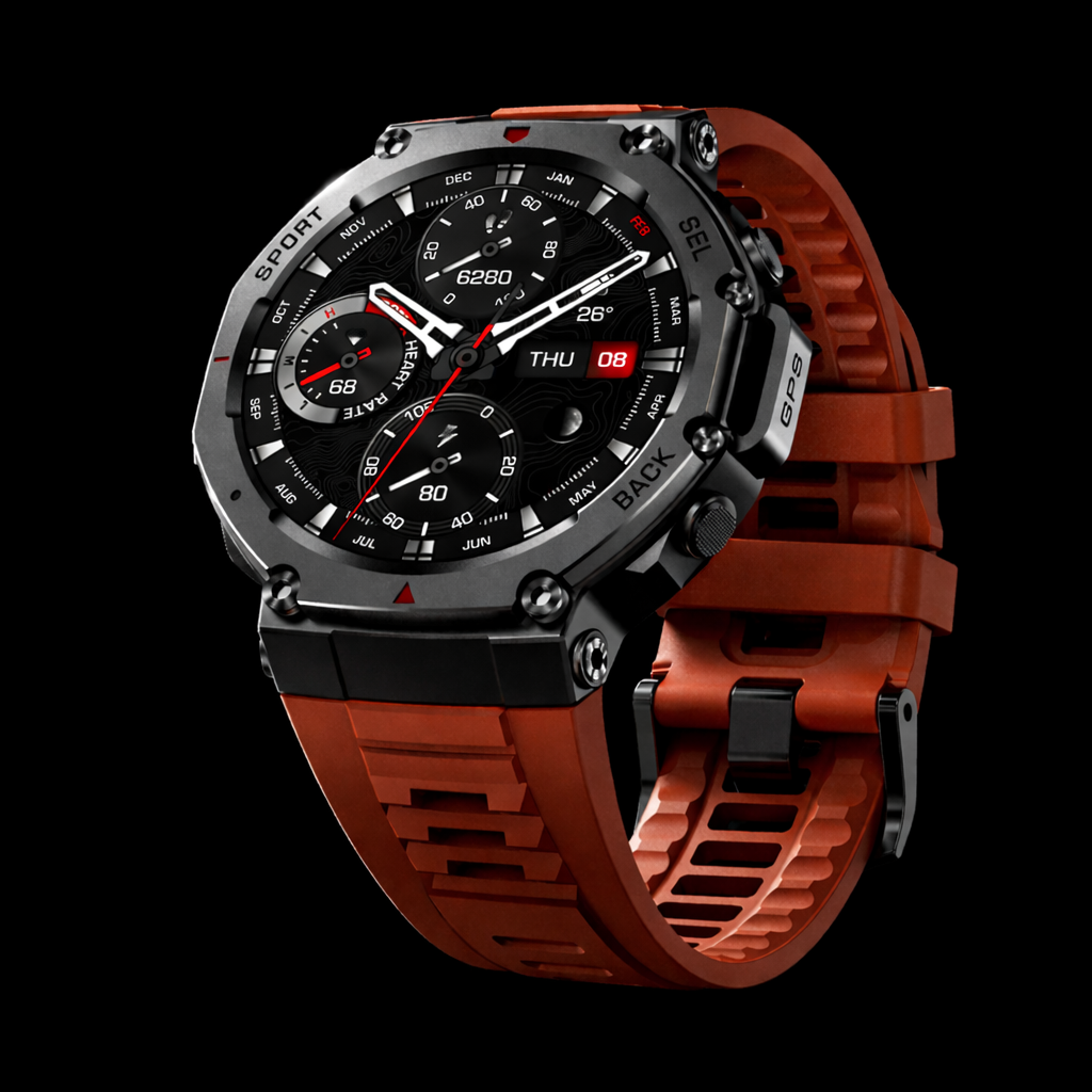 NOVACCHI CORVUS tactical smartwatch with burnt orange rubber strap and gunmetal case featuring chronograph dial, GPS, and heart rate display.