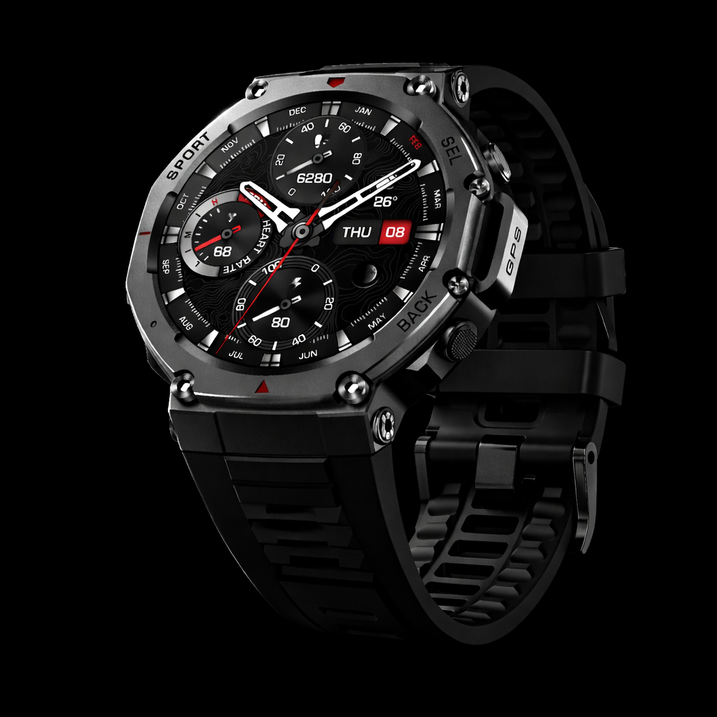 NOVACCHI CORVUS tactical smartwatch in stealth black with black rubber strap, gunmetal case, and red accent chronograph dial.