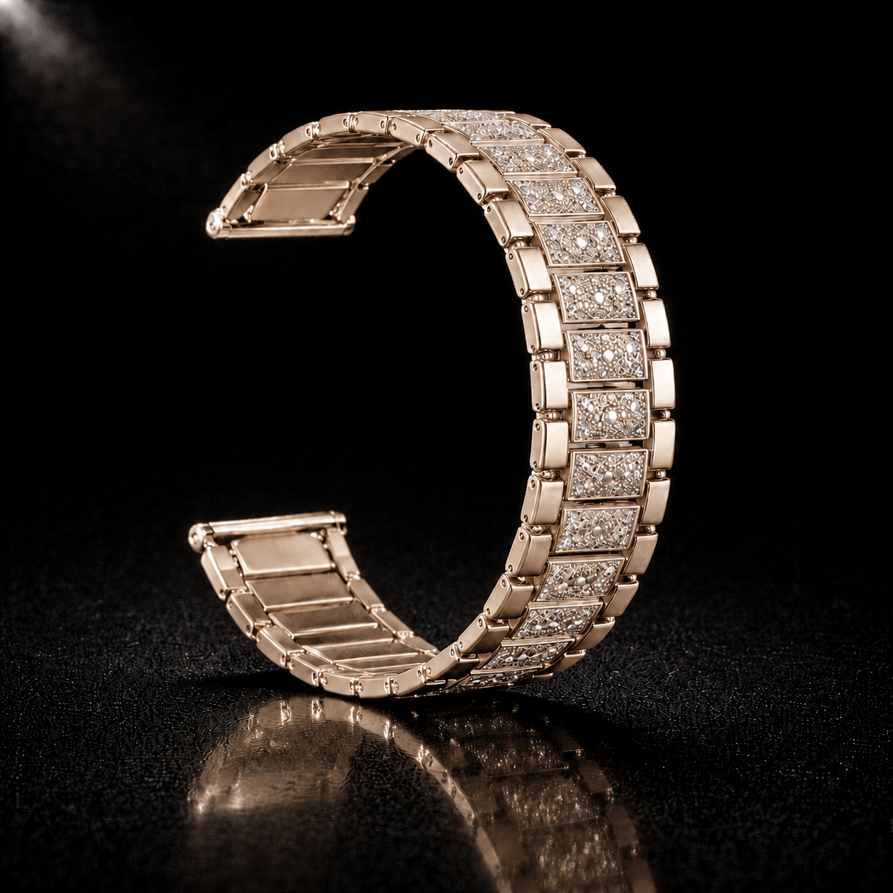 Rose gold NOVACCHI Crystal Pavé Watch Band curved upright with sparkling crystal-set links on a black reflective background