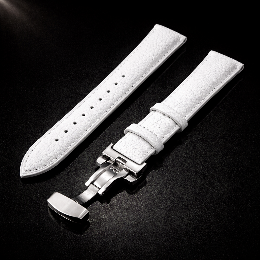 NOVACCHI Leather Band in white with pebbled grain texture and polished silver butterfly deployment clasp, SOLARA compatible