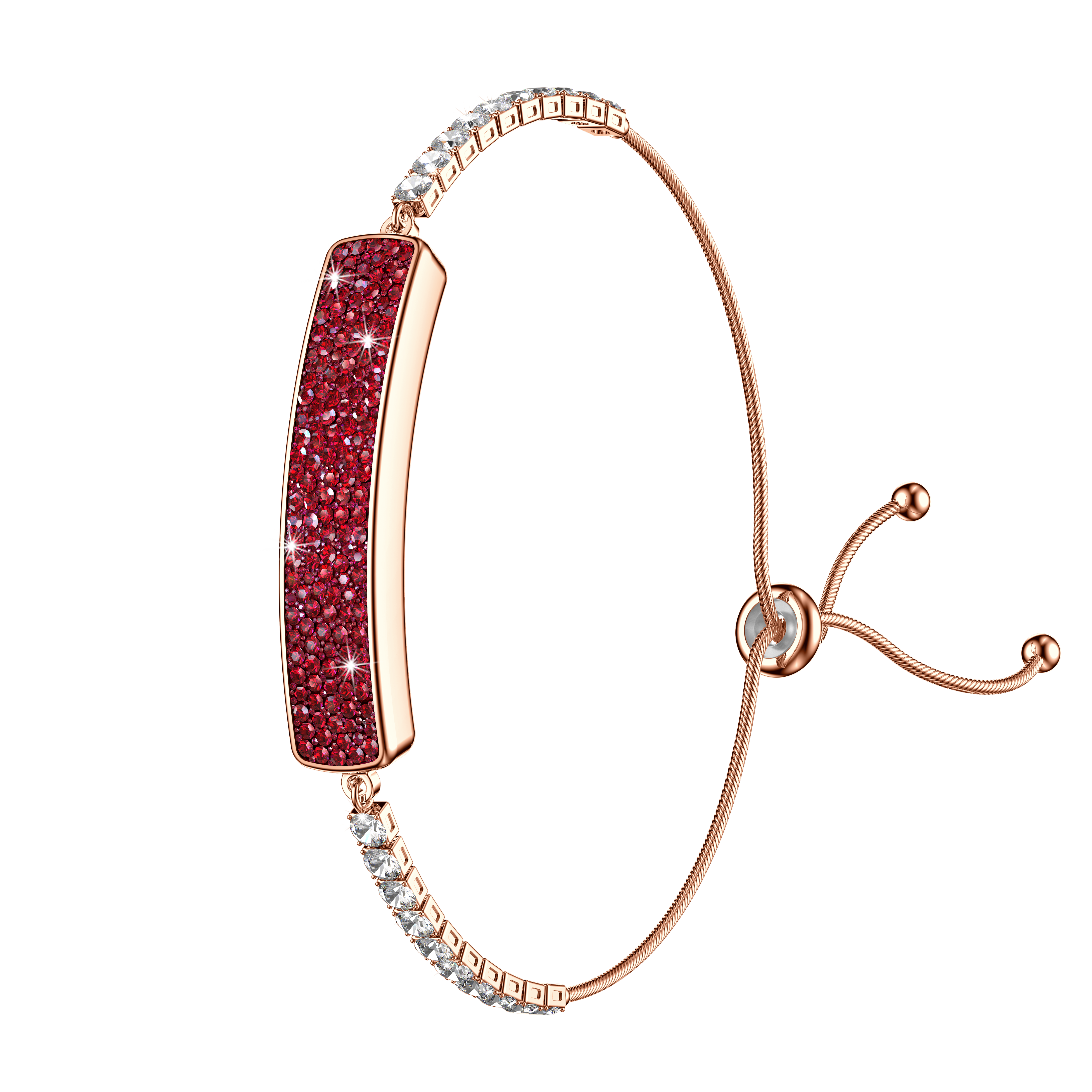 NOVACCHI LYRA smart crystal bracelet in rose gold with red ruby-tone crystal pavé bar and adjustable bolo chain