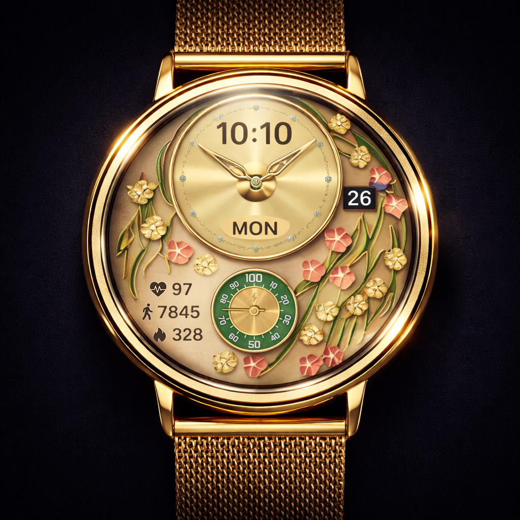 NOVACCHI SOLARA smartwatch floral cherry blossom watch face — women's gold AMOLED smartwatch