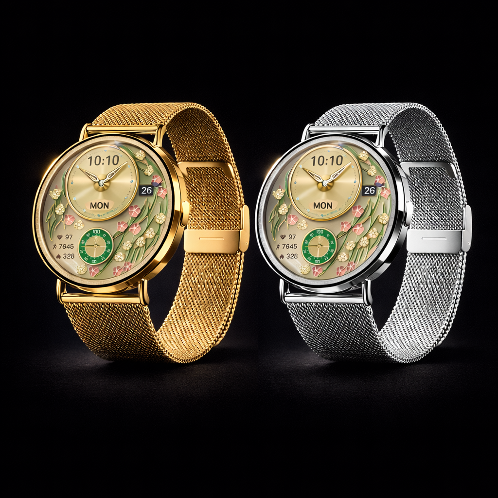 NOVACCHI SOLARA champagne gold and silver women's smartwatch comparison — floral AMOLED dial with Milanese mesh band