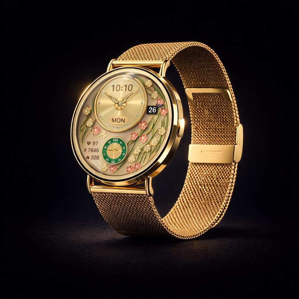 NOVACCHI SOLARA women's luxury smartwatch champagne gold with floral AMOLED dial and Milanese mesh band