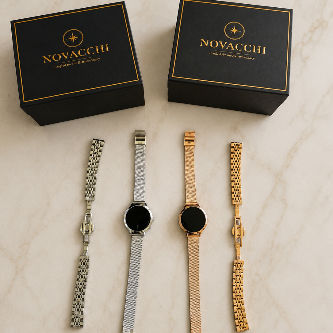 NOVACCHI SOLARA Petite silver and rose gold smartwatches with interchangeable bands beside two NOVACCHI gift boxes