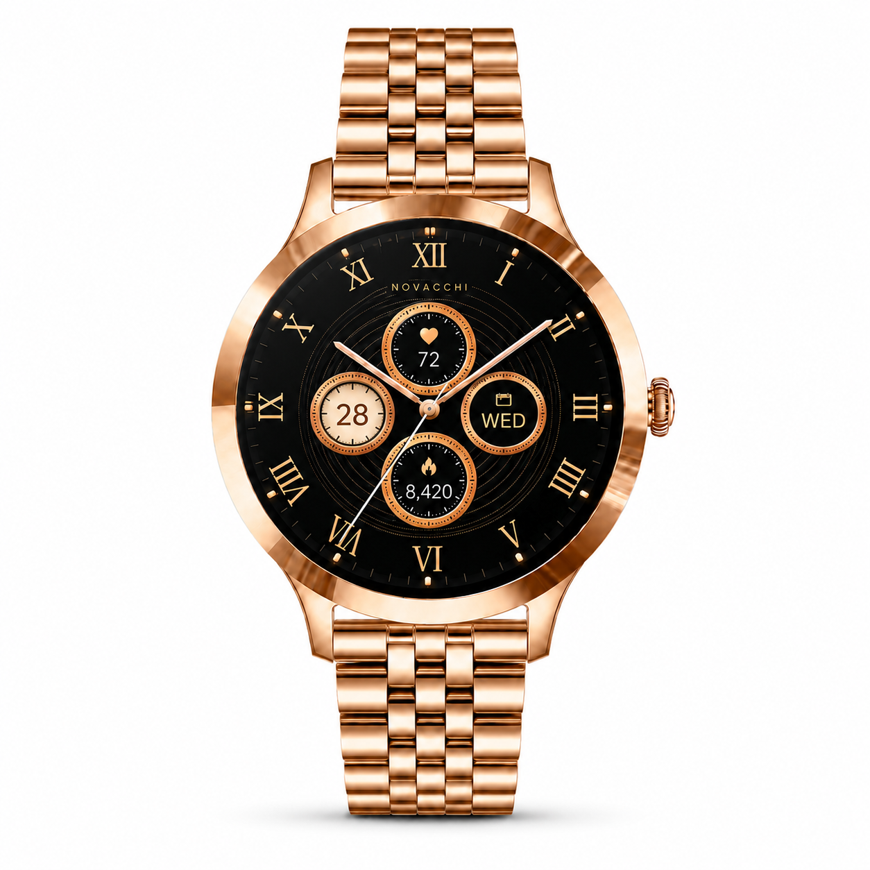 NOVACCHI STELLARA Petite rose gold women's smartwatch with metal bracelet and black Roman numeral smart dial