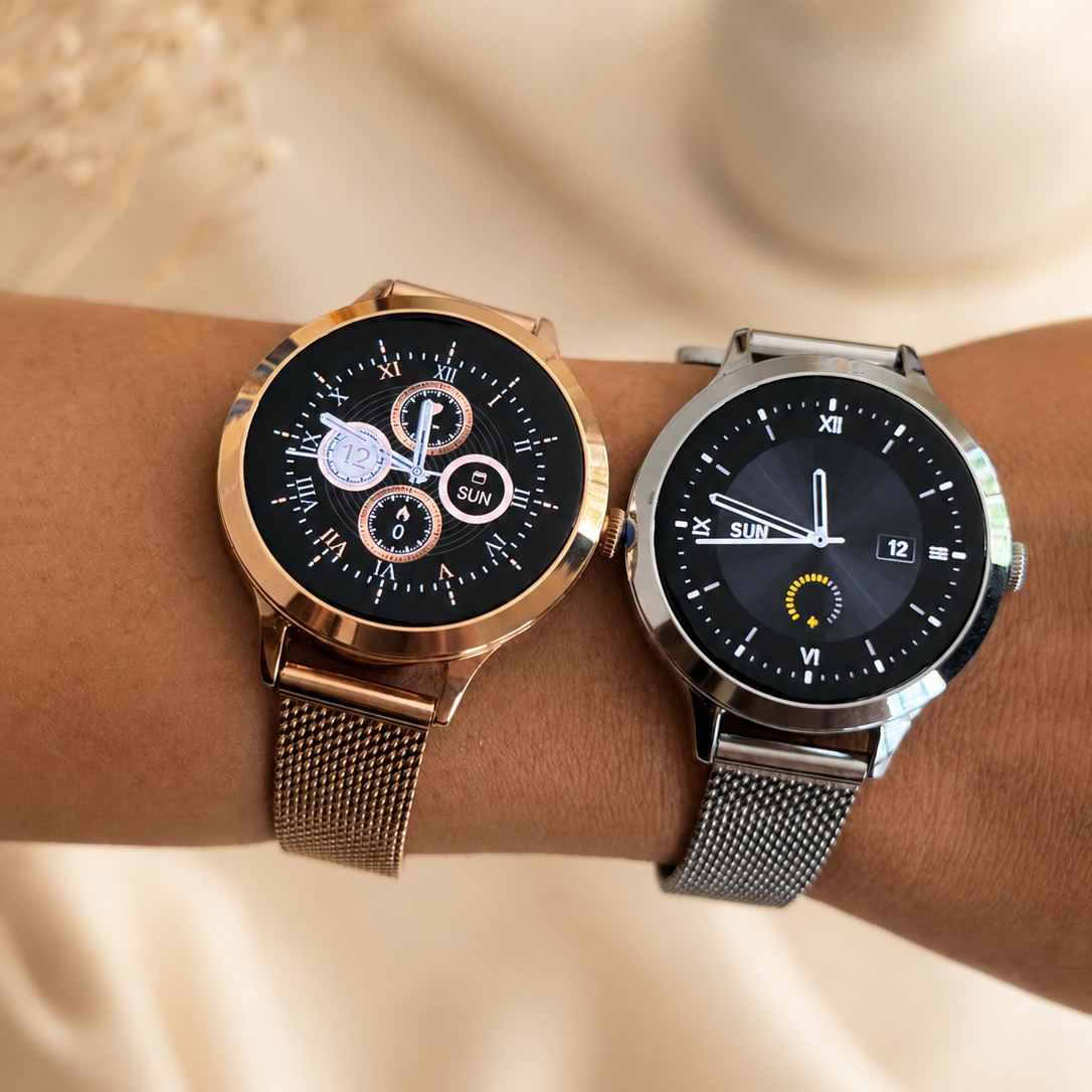 NOVACCHI SOLARA Petite smartwatches in rose gold and silver shown side by side with illuminated watch faces