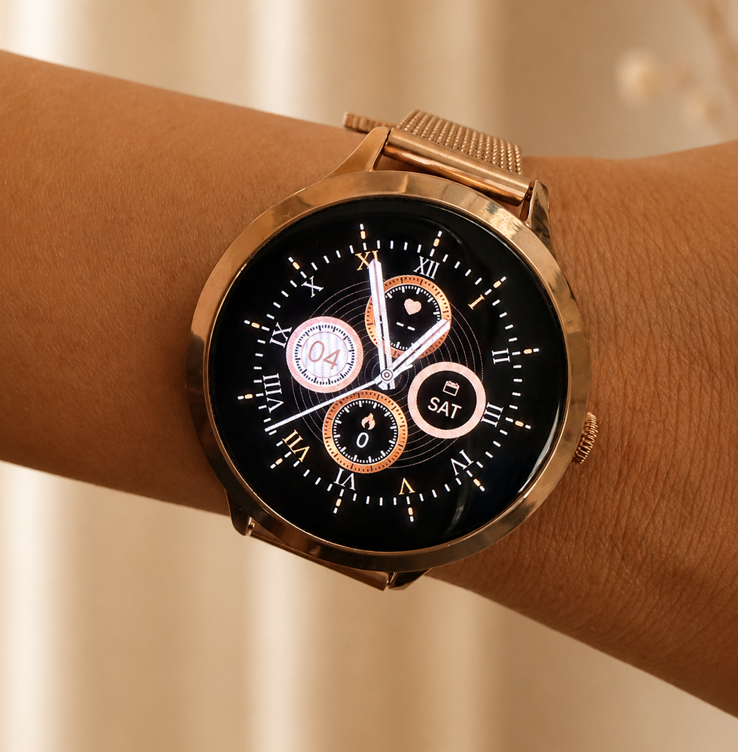 NOVACCHI SOLARA Petite silver and rose gold smartwatches with interchangeable bands beside two NOVACCHI gift boxes