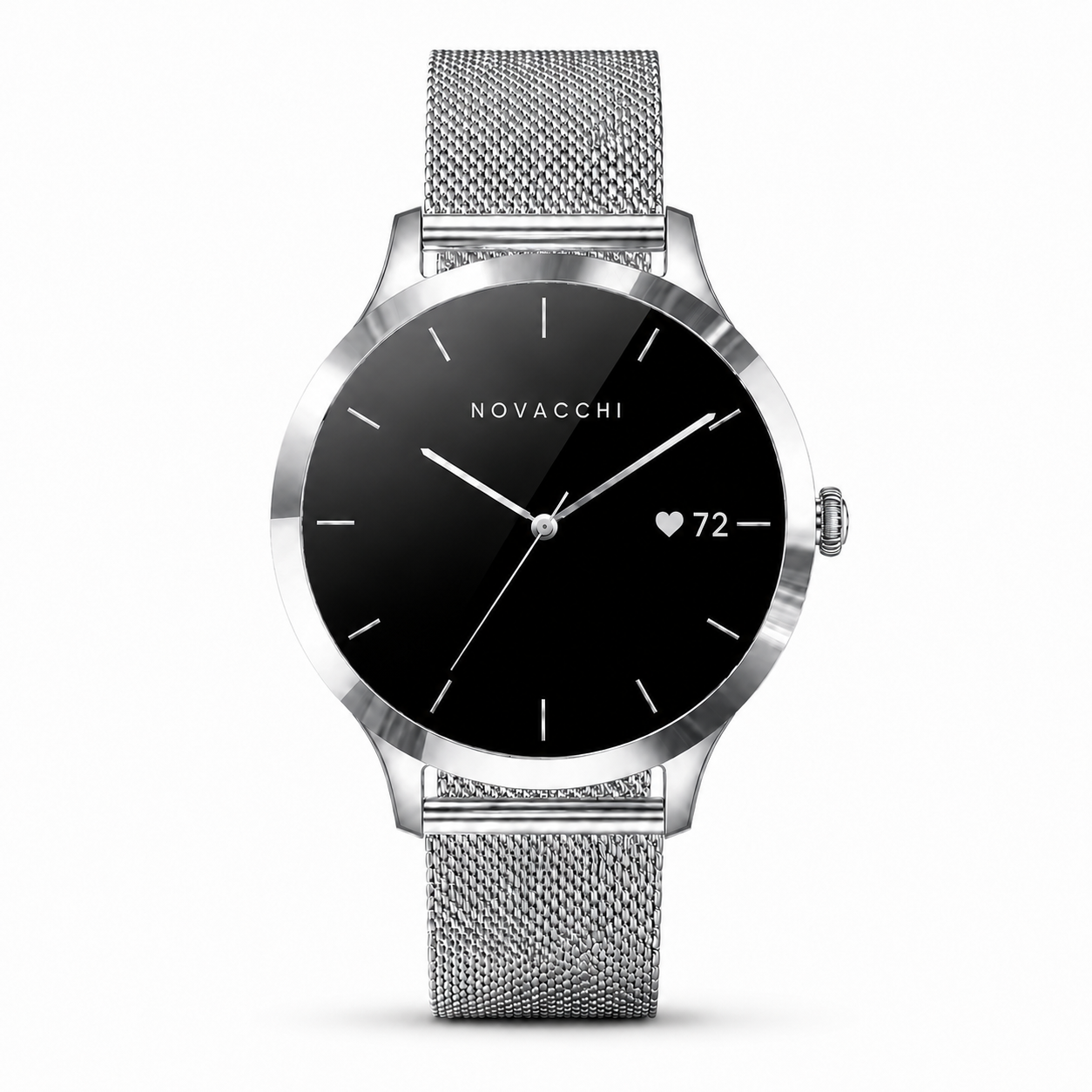 NOVACCHI SOLARA PETITE silver women's smartwatch with black dial and Milanese mesh band