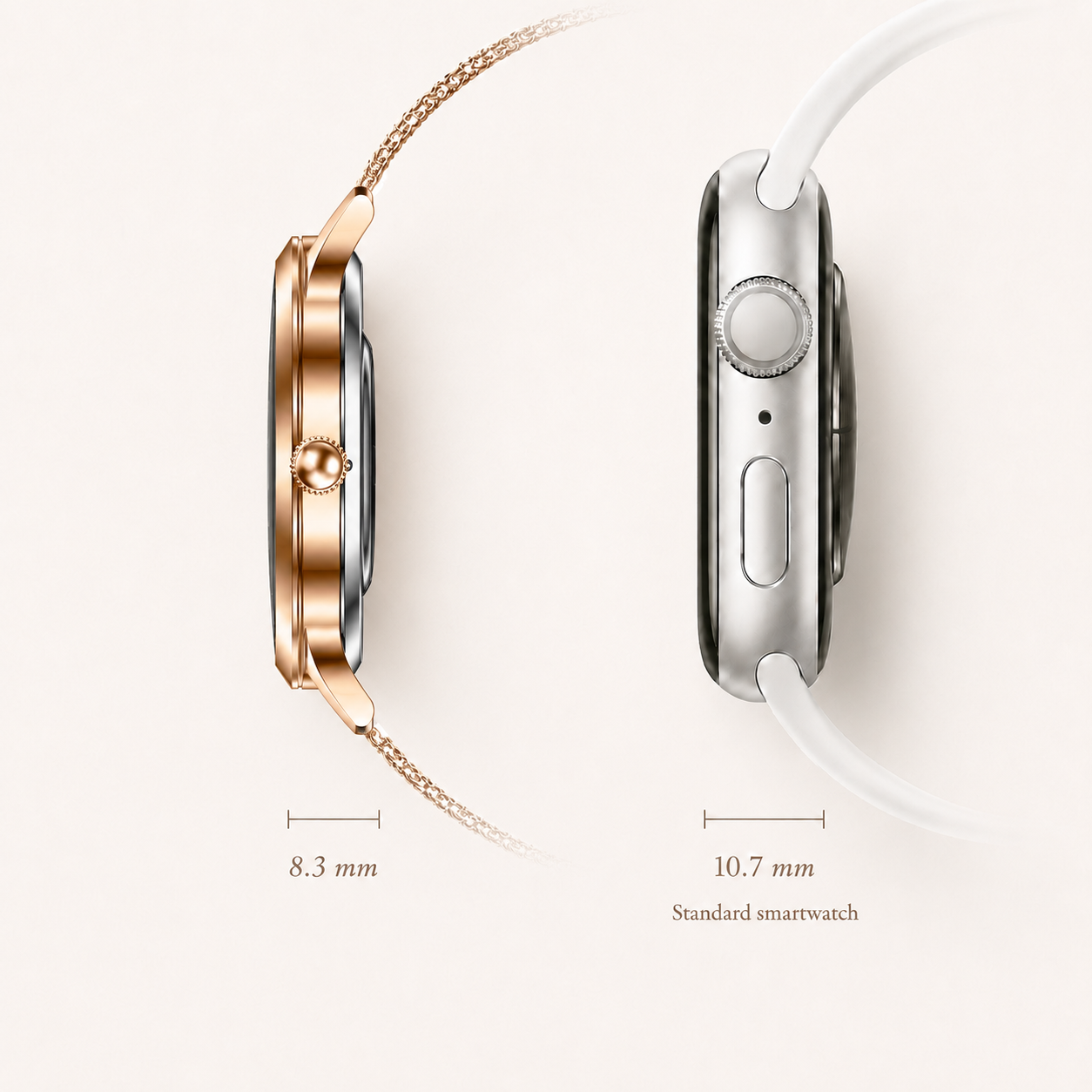 NOVACCHI SOLARA Petite at 8.3mm shown beside a bulkier 10.7mm standard smartwatch, highlighting its slim profile