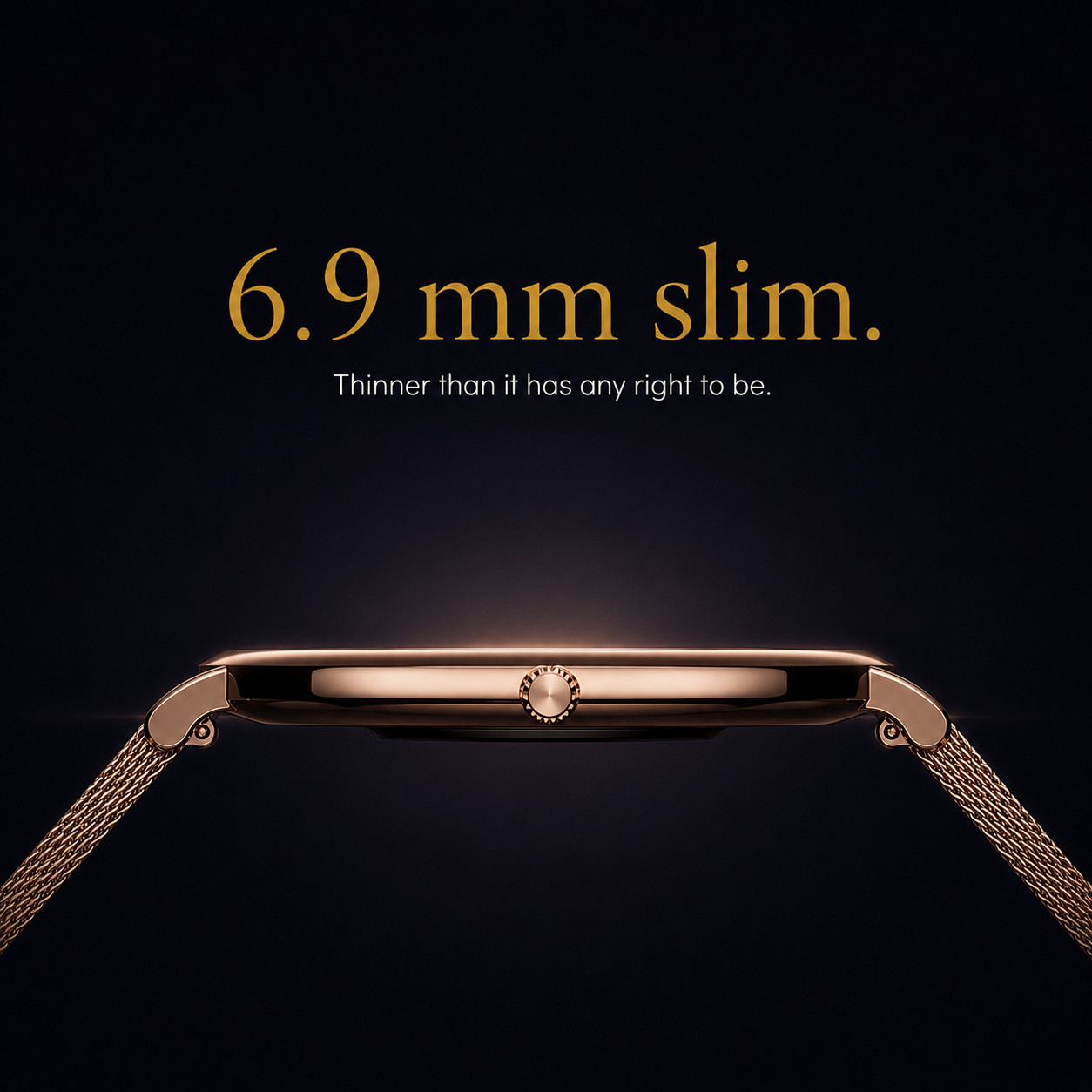 Side profile of the NOVACCHI SOLARA rose gold smartwatch showing the 6.9 mm slim case and Milanese mesh band