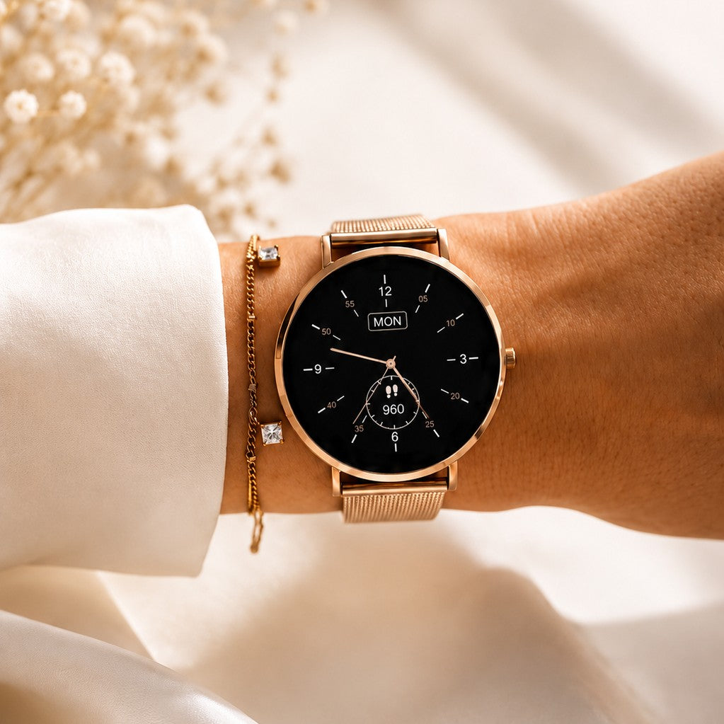 NOVACCHI SOLARA rose gold smartwatch with mesh band, styled with a crystal chain bracelet on cream silk and baby's breath