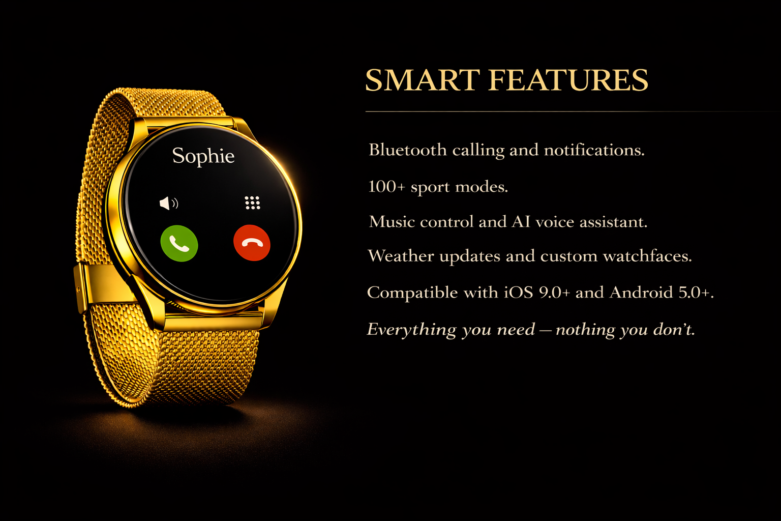 NOVACCHI SOLARA smartwatch displaying incoming call screen with Bluetooth calling — Smart Features including 100+ sport modes, music control, AI voice assistant, weather updates, and custom watchfaces