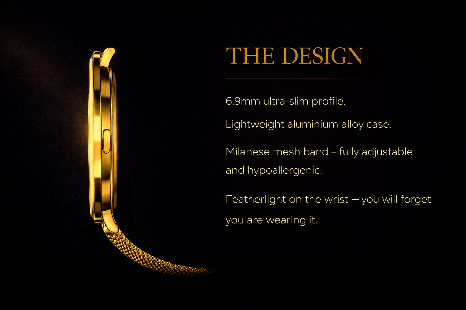 NOVACCHI SOLARA ultra-slim 6.9mm luxury smartwatch side profile in champagne gold with Milanese mesh band, aviation-grade alloy case