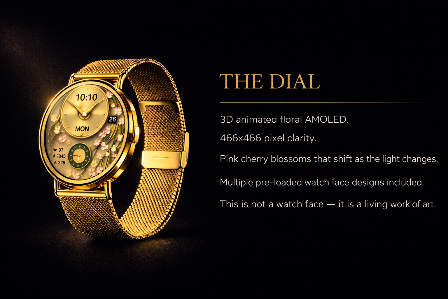 NOVACCHI SOLARA women's luxury smartwatch with 3D animated floral AMOLED dial, champagne gold case and Milanese mesh band, showing time date and health stats