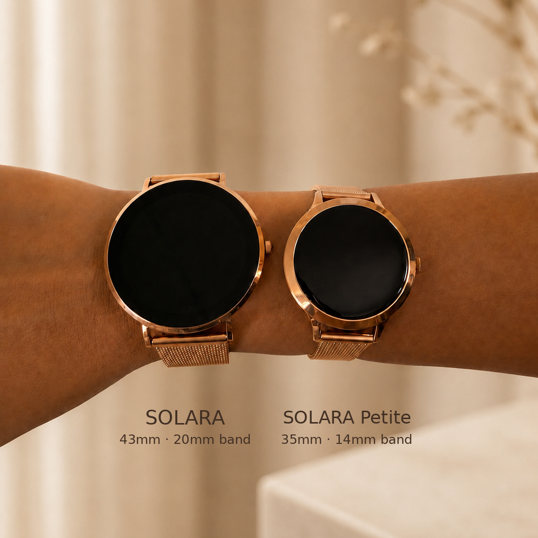 NOVACCHI SOLARA 43mm and SOLARA Petite 35mm smartwatches worn side by side on a wrist, showing the Petite's smaller size