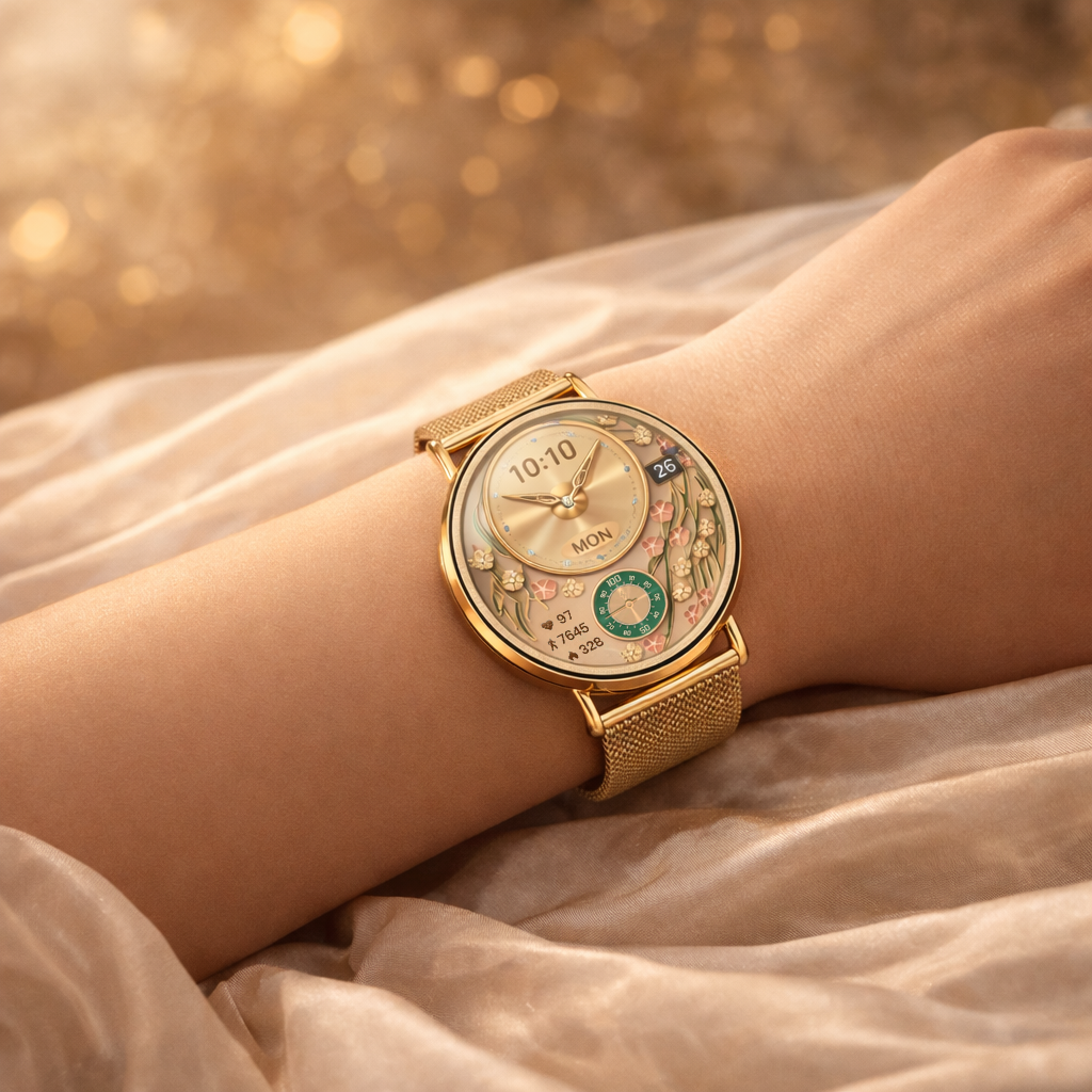 NOVACCHI SOLARA champagne gold women's smartwatch on wrist — luxury floral smartwatch