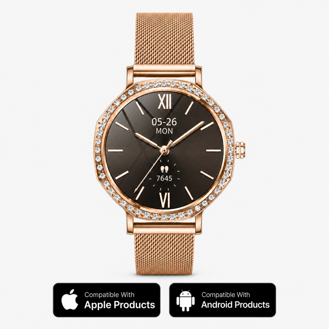 Rose gold NOVACCHI STELLARA women’s smartwatch with crystal bezel and Apple and Android compatibility badges