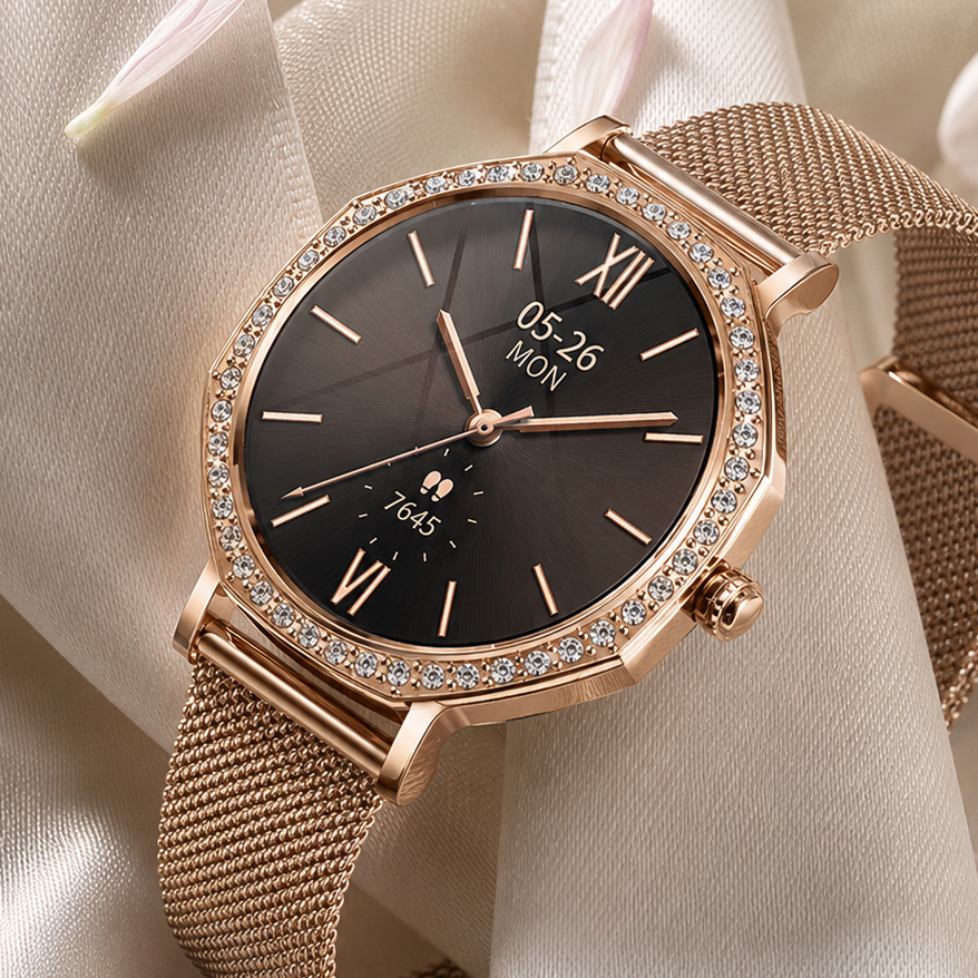 Close-up of the NOVACCHI STELLARA women's AI smartwatch in rose gold showing its crystal-set bezel and faceted case