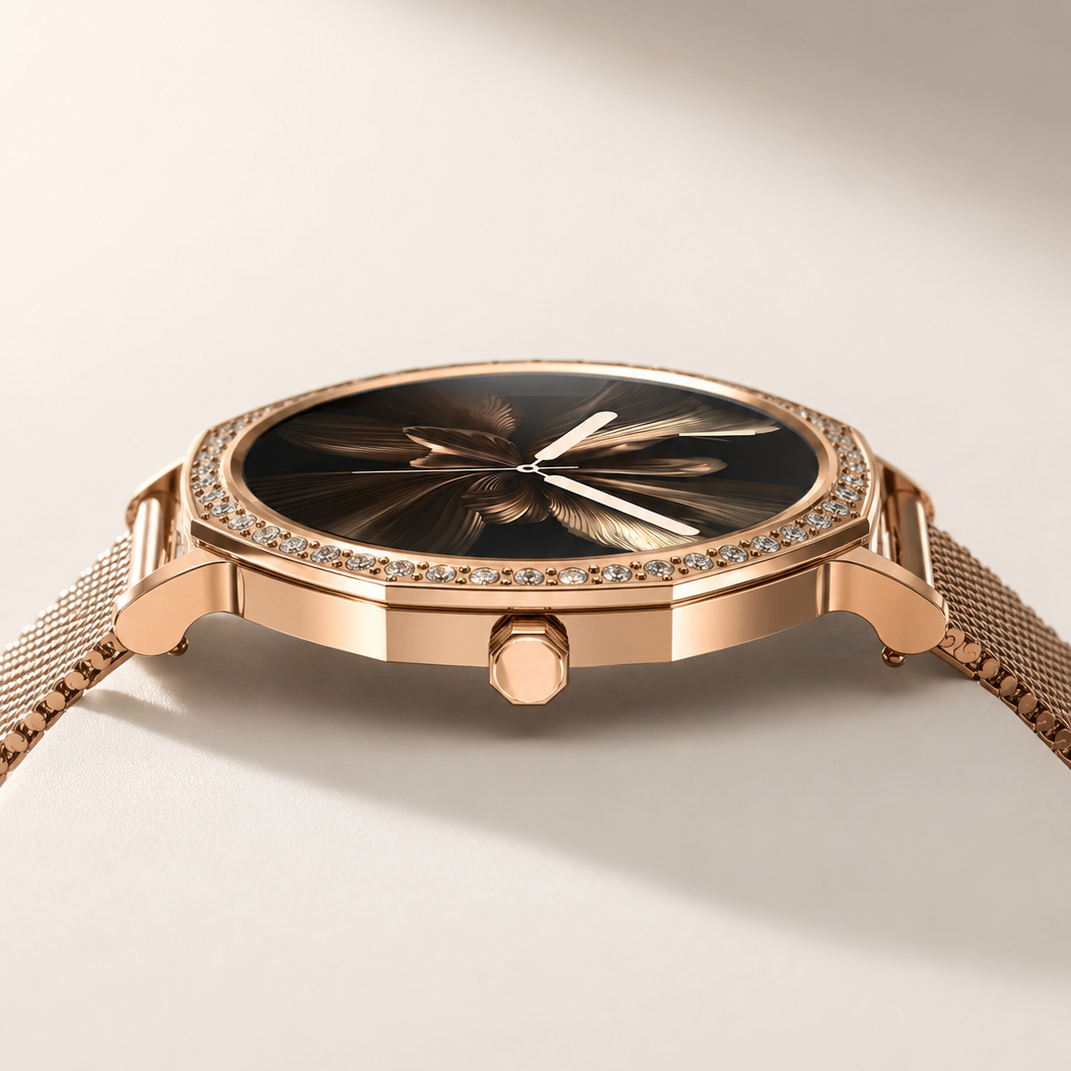 NOVACCHI STELLARA women's AI smartwatch in rose gold shown in profile with its slim 8mm case and Milanese mesh band
