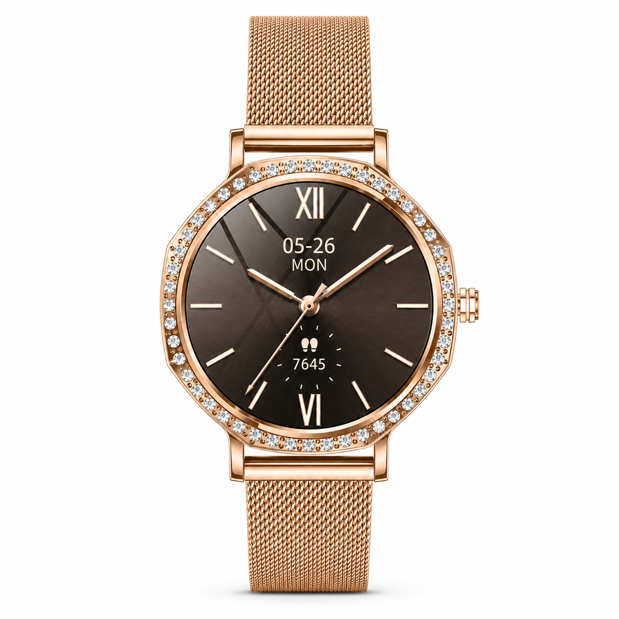 NOVACCHI STELLARA women's AI smartwatch in rose gold with a crystal-set bezel and Milanese mesh band