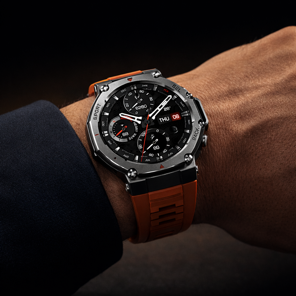 NOVACCHI CORVUS tactical smartwatch worn on wrist with burnt orange strap, gunmetal bezel, and chronograph AMOLED display paired with navy suit