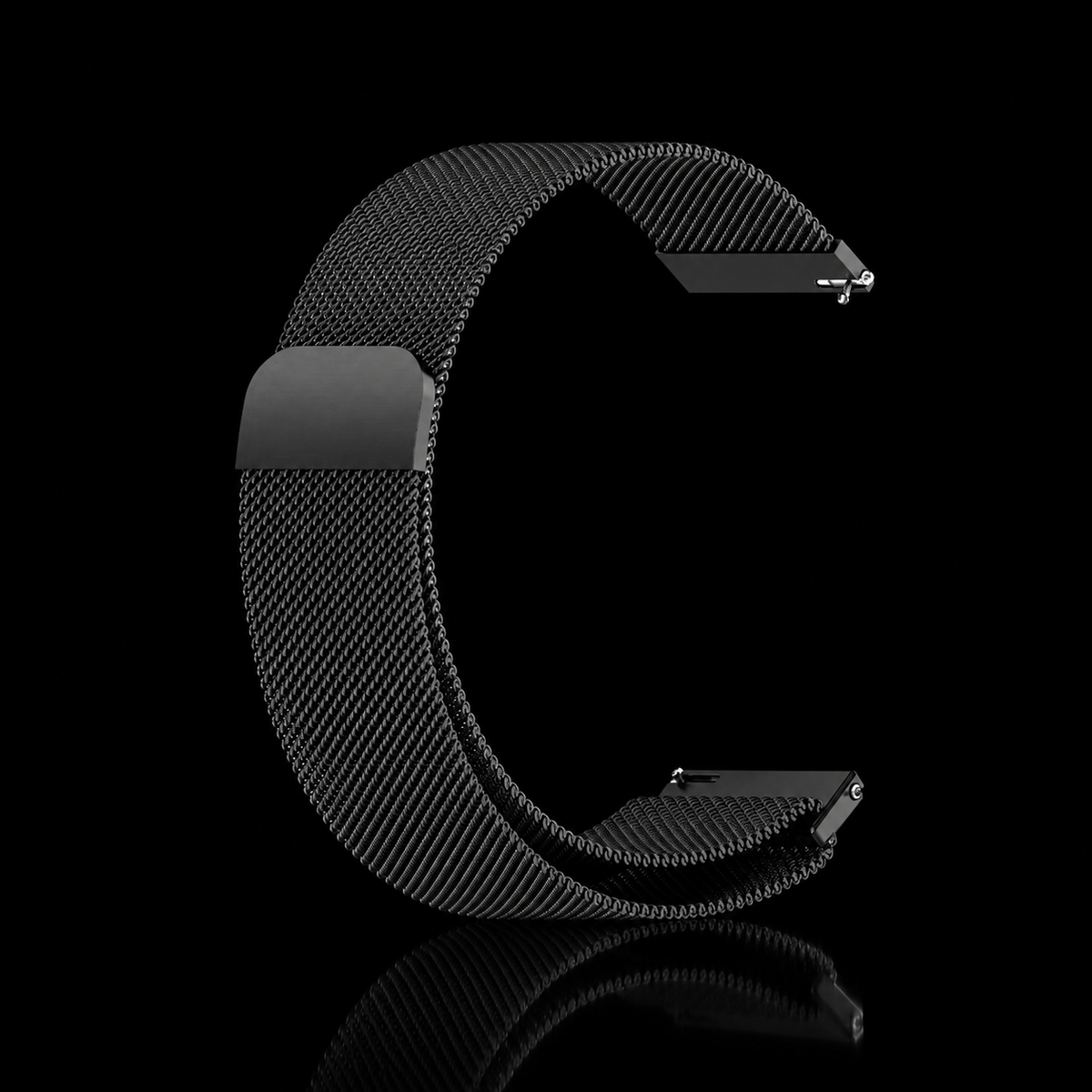 Black NOVACCHI Easy-Fit Magnetic Milanese Mesh Band on a black reflective surface