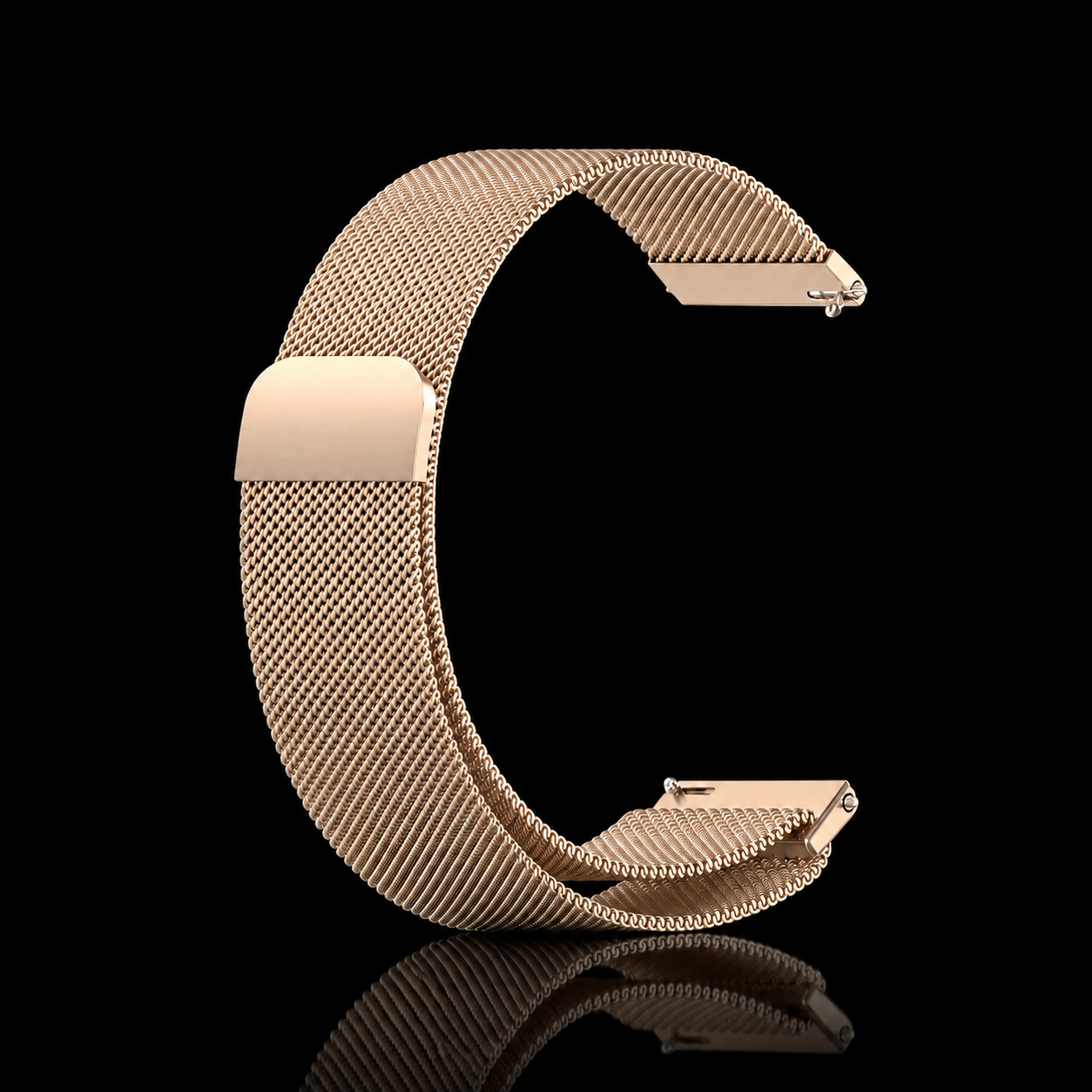Rose gold NOVACCHI Easy-Fit Magnetic Milanese Mesh Band on a black reflective surface