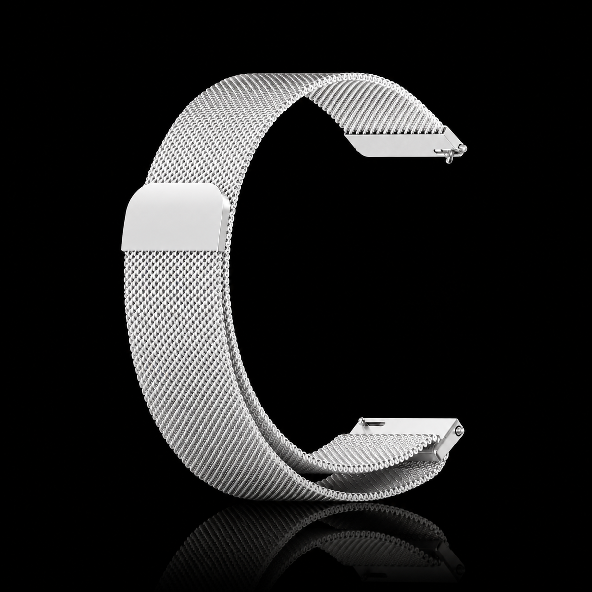 Silver NOVACCHI Easy-Fit Magnetic Milanese Mesh Band on a black reflective surface