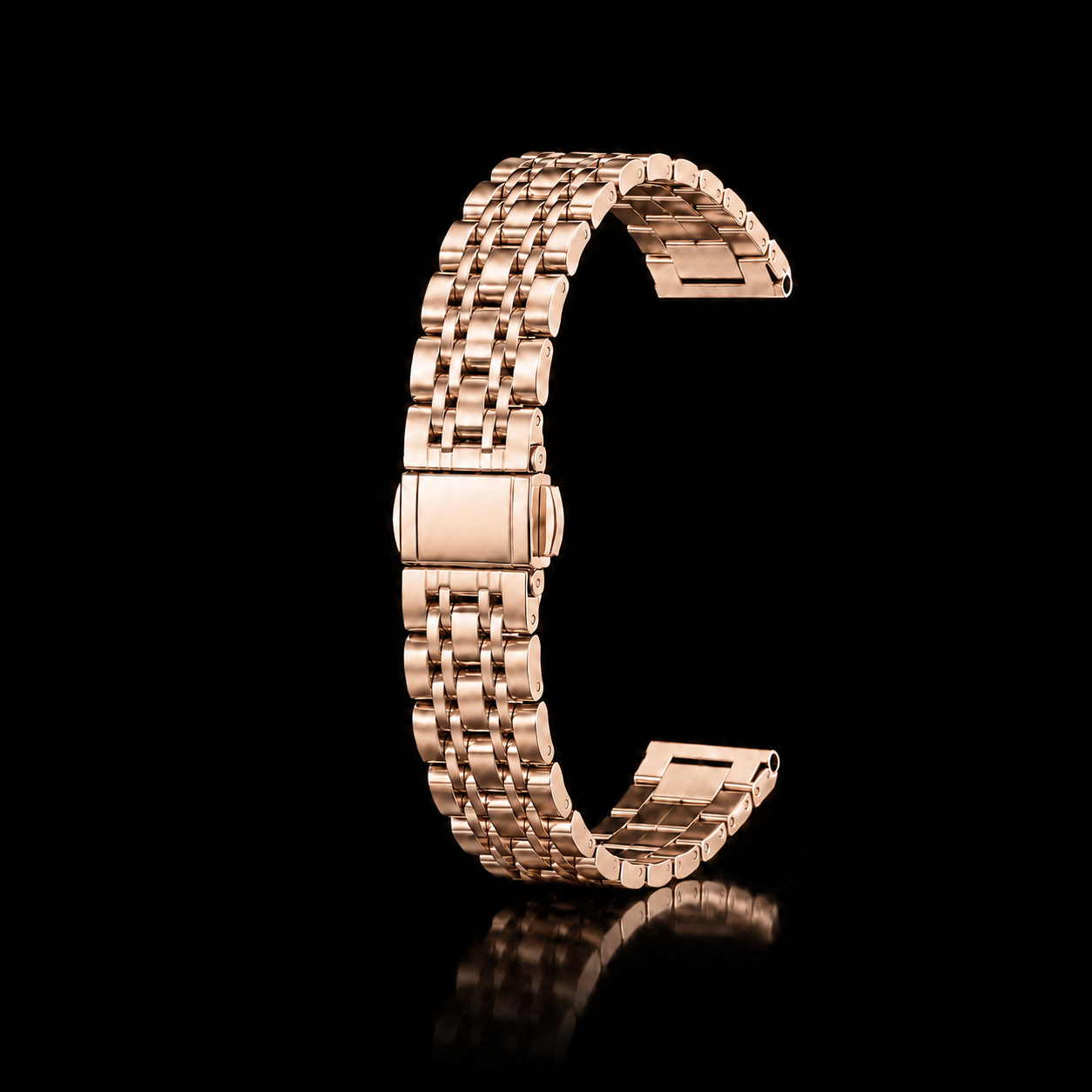 Rose gold Luxe Butterfly Link Watch Band curved upright with a closed clasp on a black reflective background