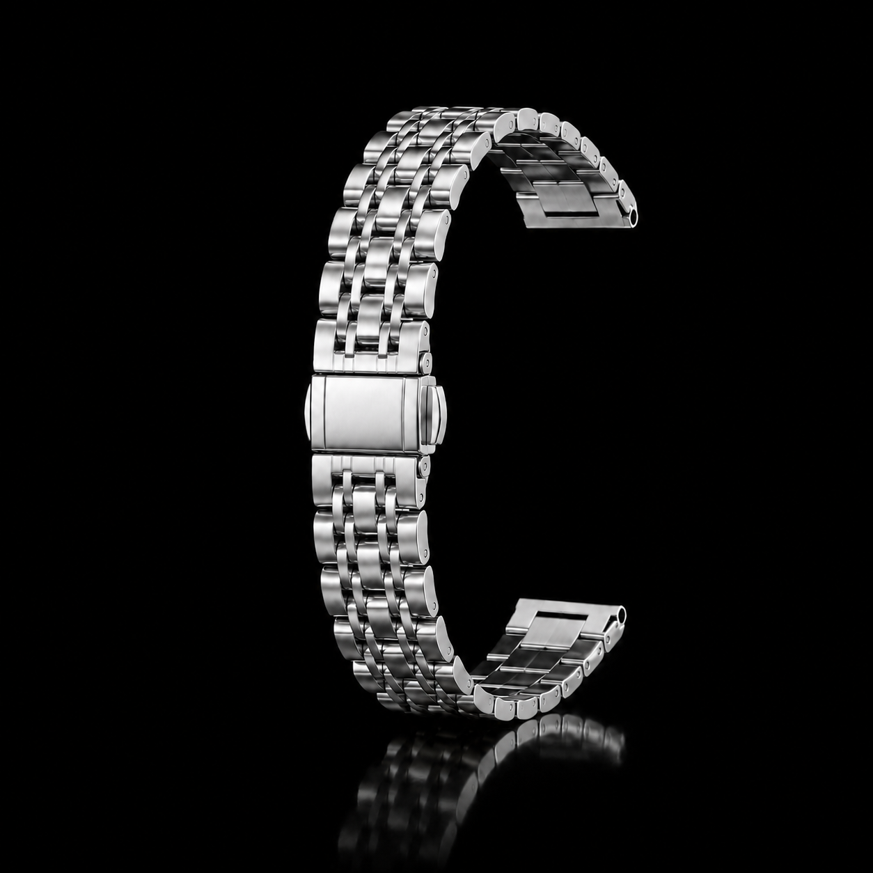 Silver Luxe Butterfly Link Watch Band curved upright with a closed clasp on a black reflective background