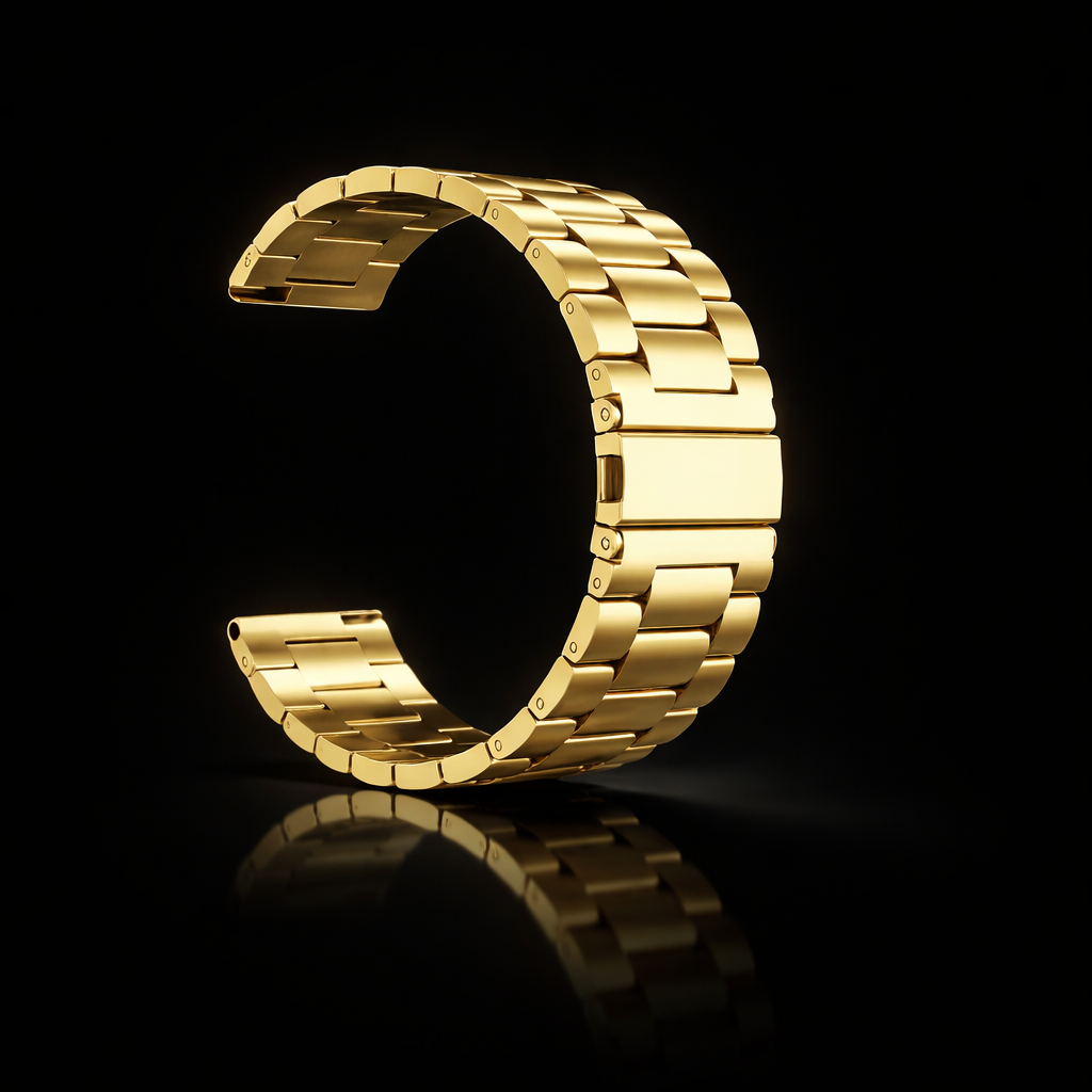 NOVACCHI Classic Link Band in gold — premium 5-link stainless steel watch band compatible with SOLARA and CORVUS