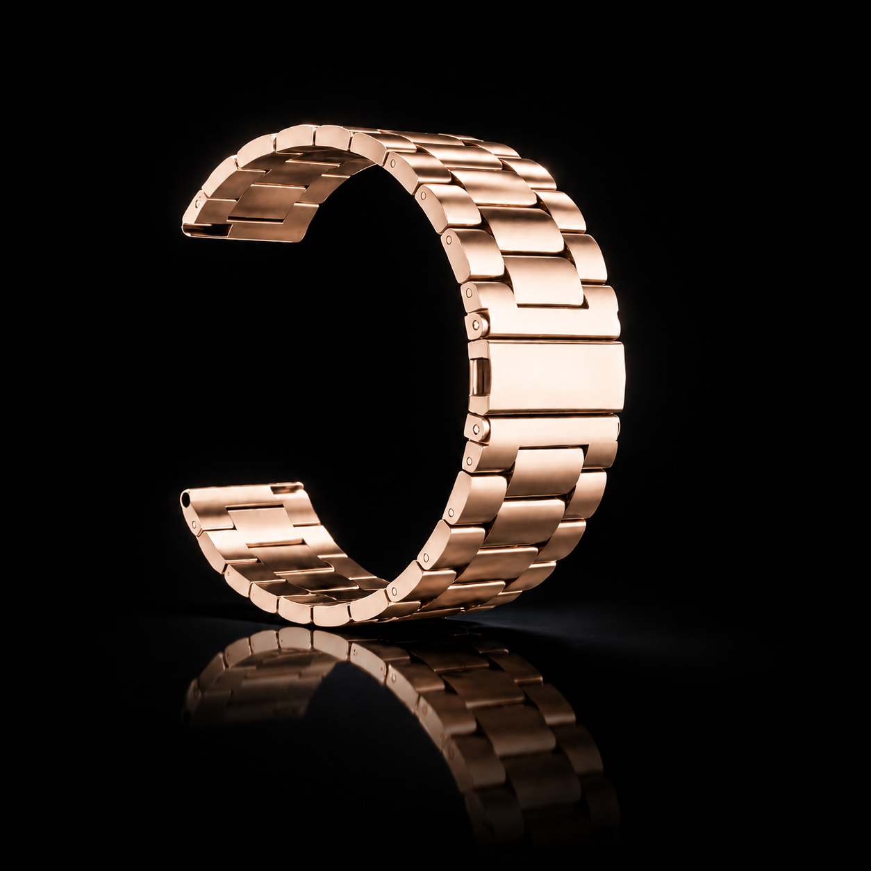 Rose gold NOVACCHI Classic Link Watch Band curved upright with a closed clasp on a black reflective background