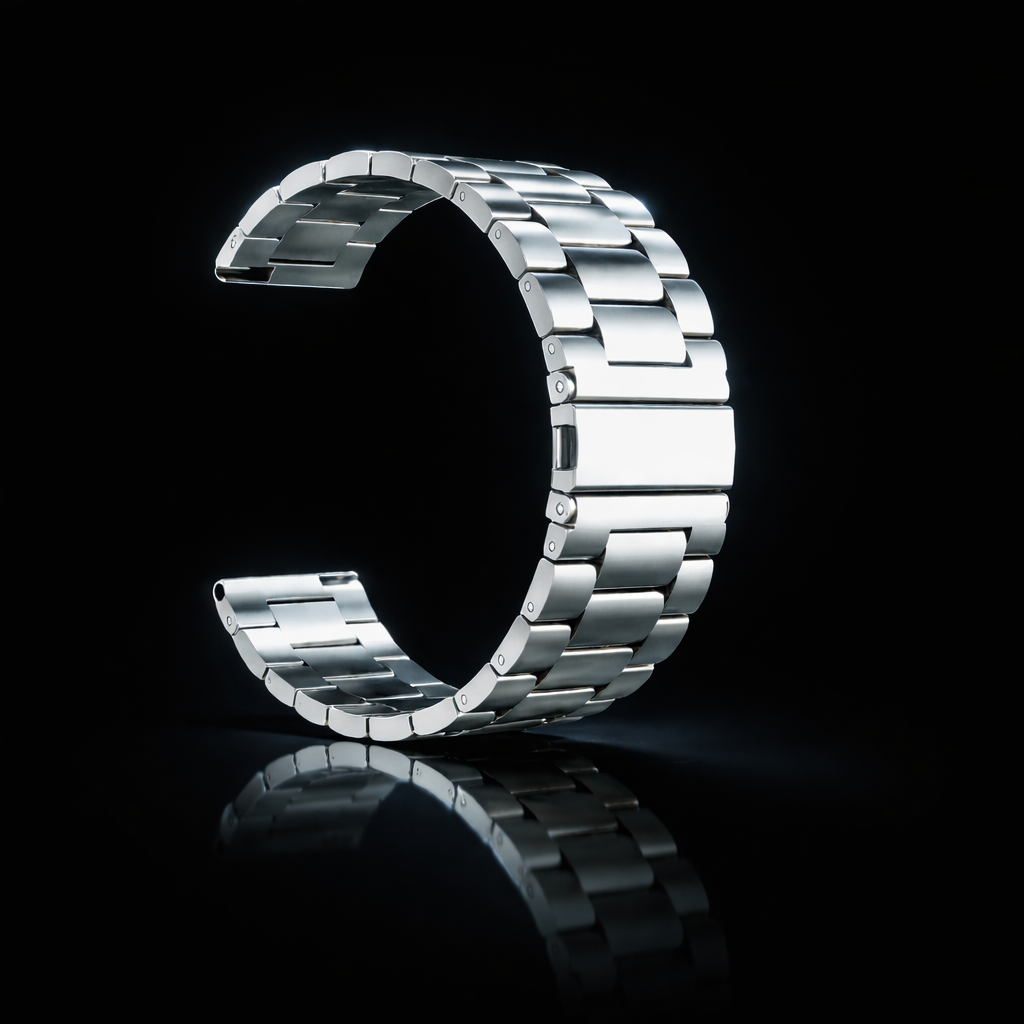 NOVACCHI Classic Link Band in silver — premium 5-link stainless steel watch band compatible with SOLARA and CORVUS