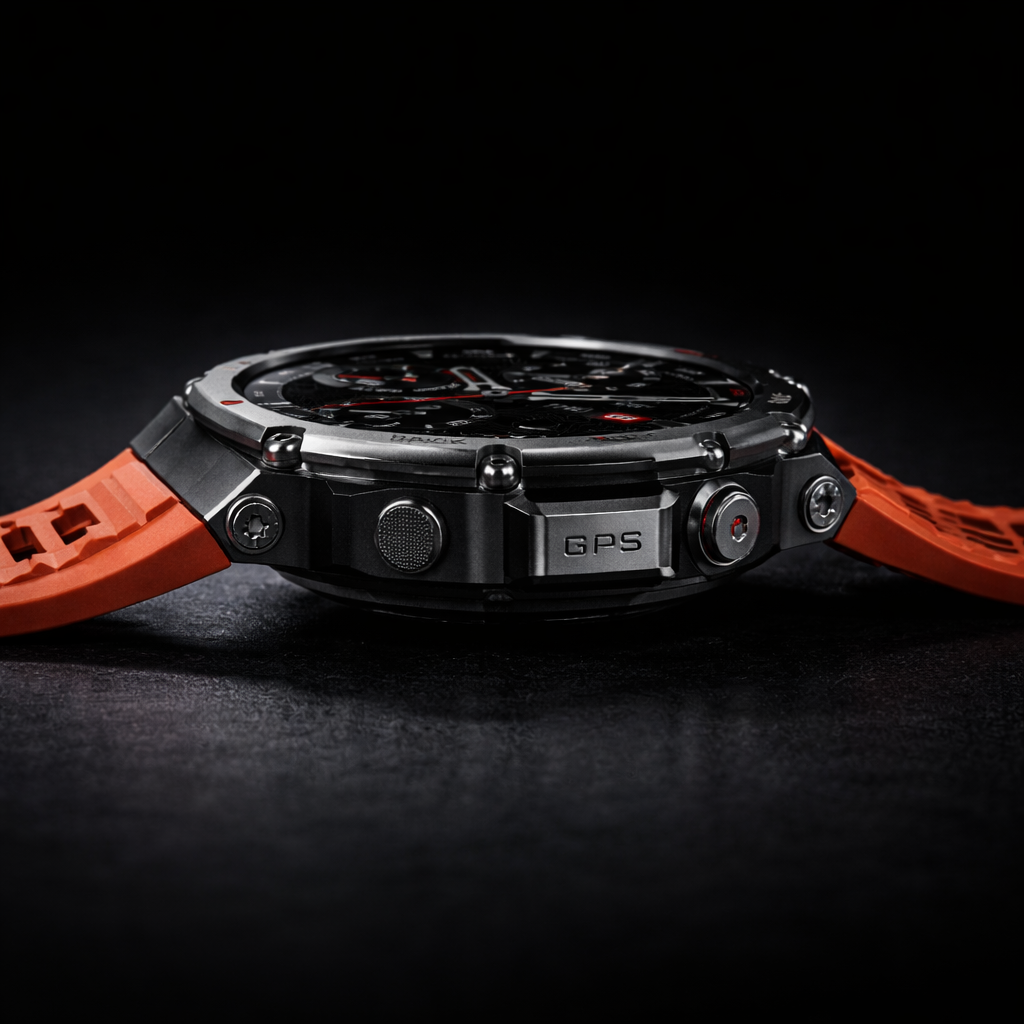 NOVACCHI CORVUS tactical smartwatch side profile showing gunmetal case thickness, GPS button, CNC-machined bezel hardware, and burnt orange rubber strap