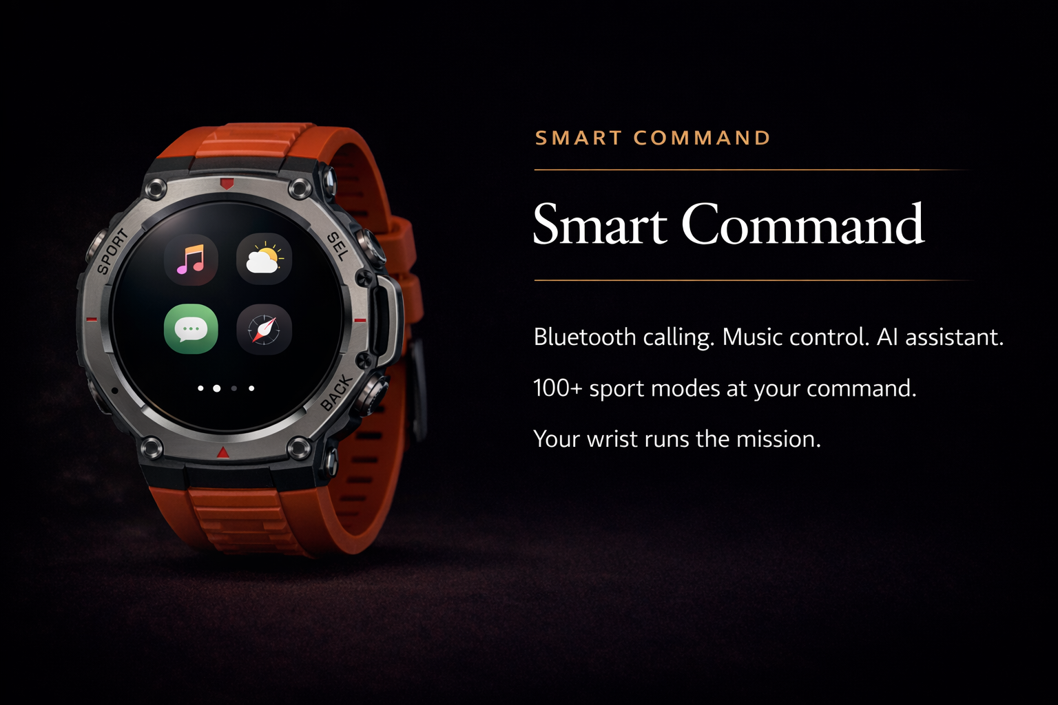 NOVACCHI CORVUS smartwatch Smart Command features including Bluetooth calling, 100 plus sport modes, AI assistant, and iOS and Android compatibility.