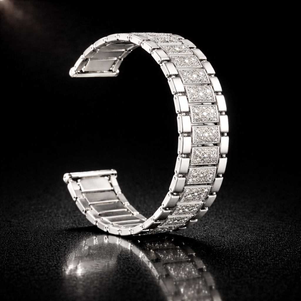 NOVACCHI Crystal Pavé Band in polished silver with clear micro-crystal pavé square links, SOLARA compatible
