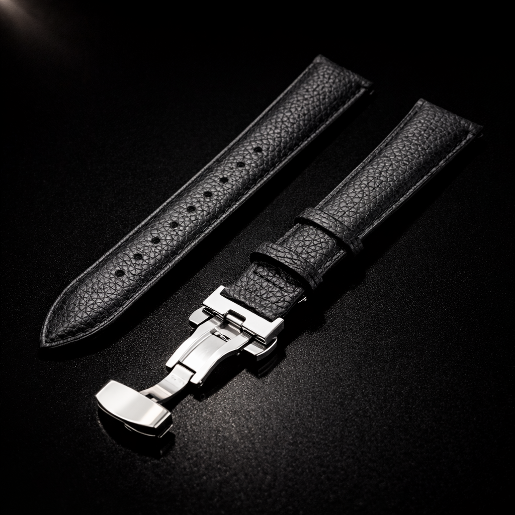 NOVACCHI Leather Band in obsidian black with pebbled grain texture and polished silver butterfly deployment clasp, SOLARA compatible