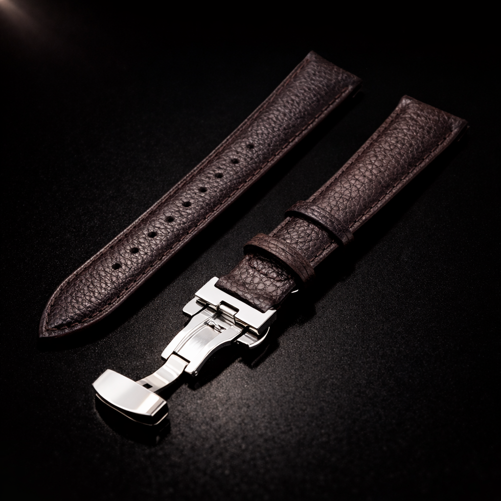 NOVACCHI Leather Band in cognac brown with pebbled grain texture and polished silver butterfly deployment clasp, SOLARA compatible
