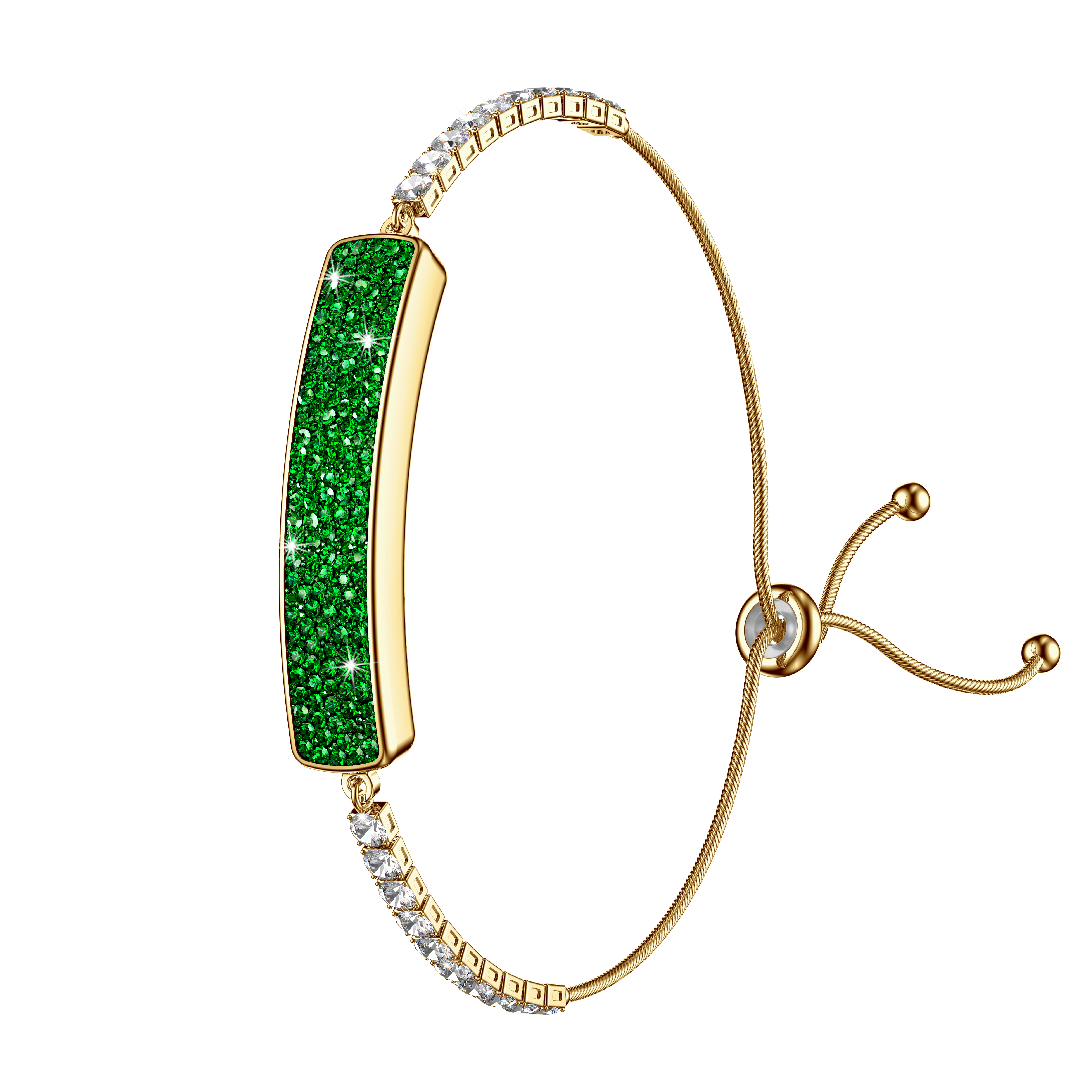 NOVACCHI LYRA smart crystal bracelet in gold with green emerald-tone crystal pavé bar and adjustable bolo chain