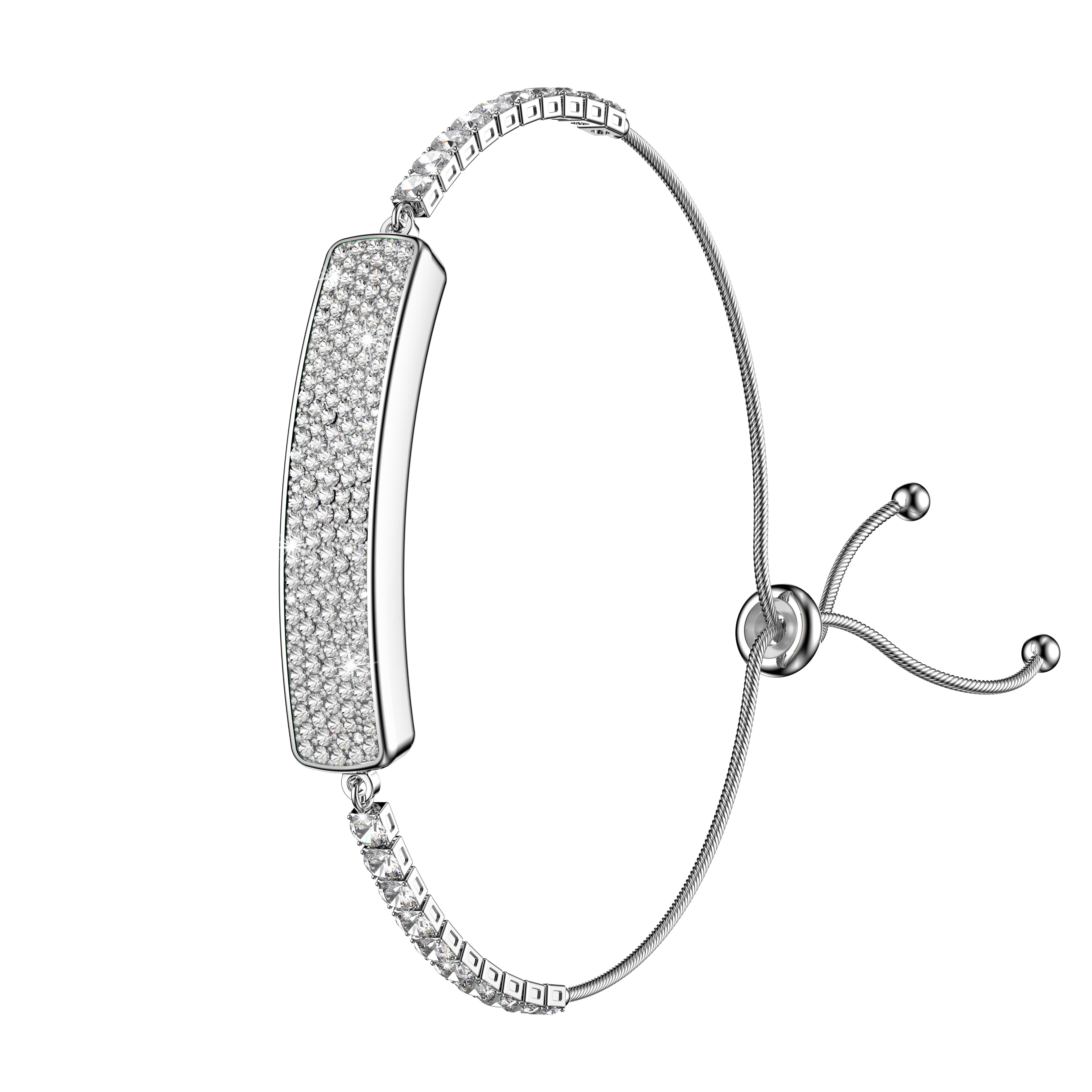 NOVACCHI LYRA smart crystal bracelet in silver with clear crystal pavé bar and adjustable bolo chain