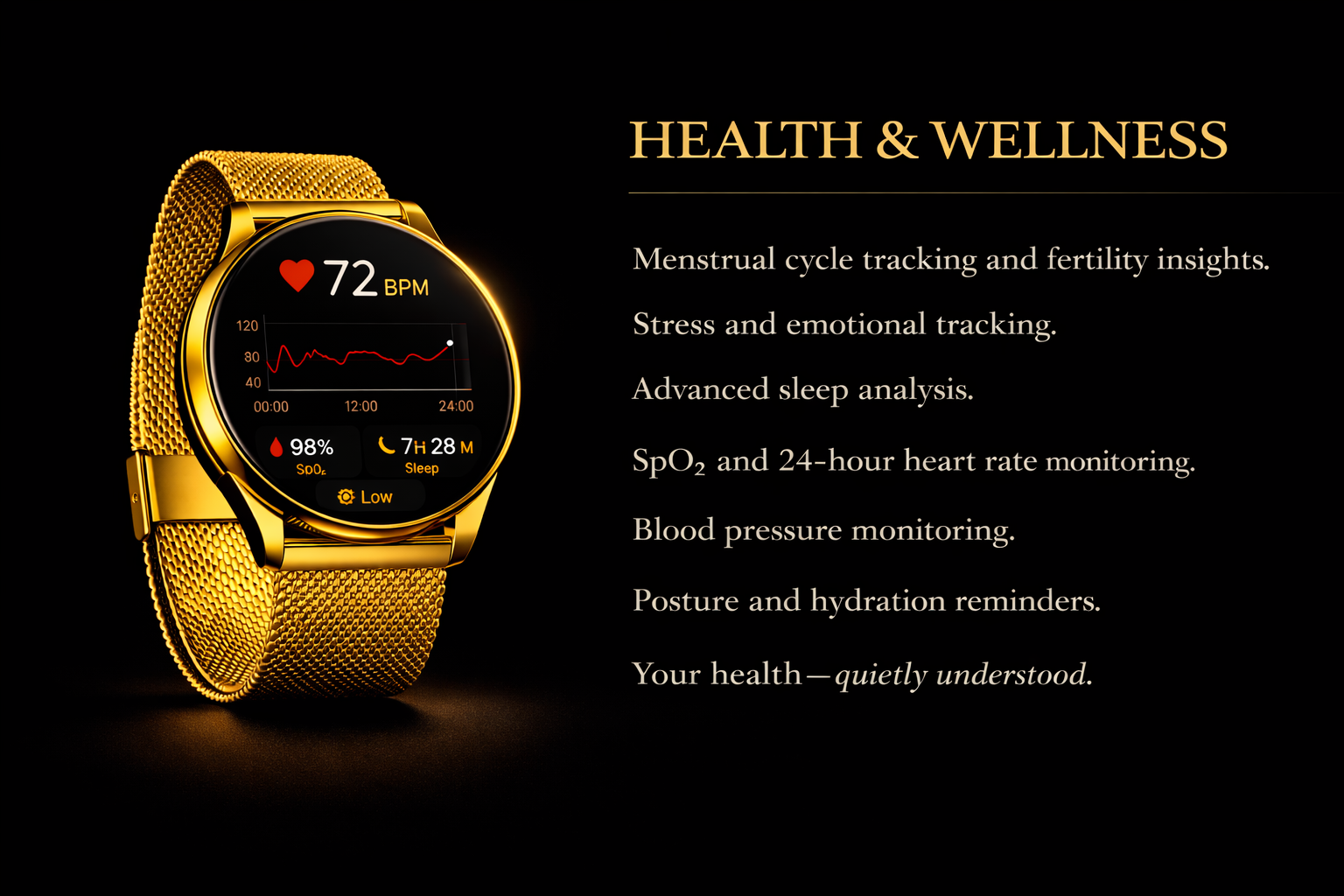 NOVACCHI SOLARA women's smartwatch displaying heart rate monitor, SpO2 blood oxygen, and sleep tracking on dark health dashboard screen