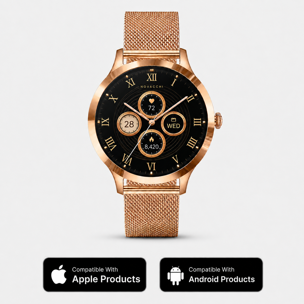 NOVACCHI STELLARA Petite rose gold women's smartwatch with Milanese mesh strap, compatible with Apple and Android devices